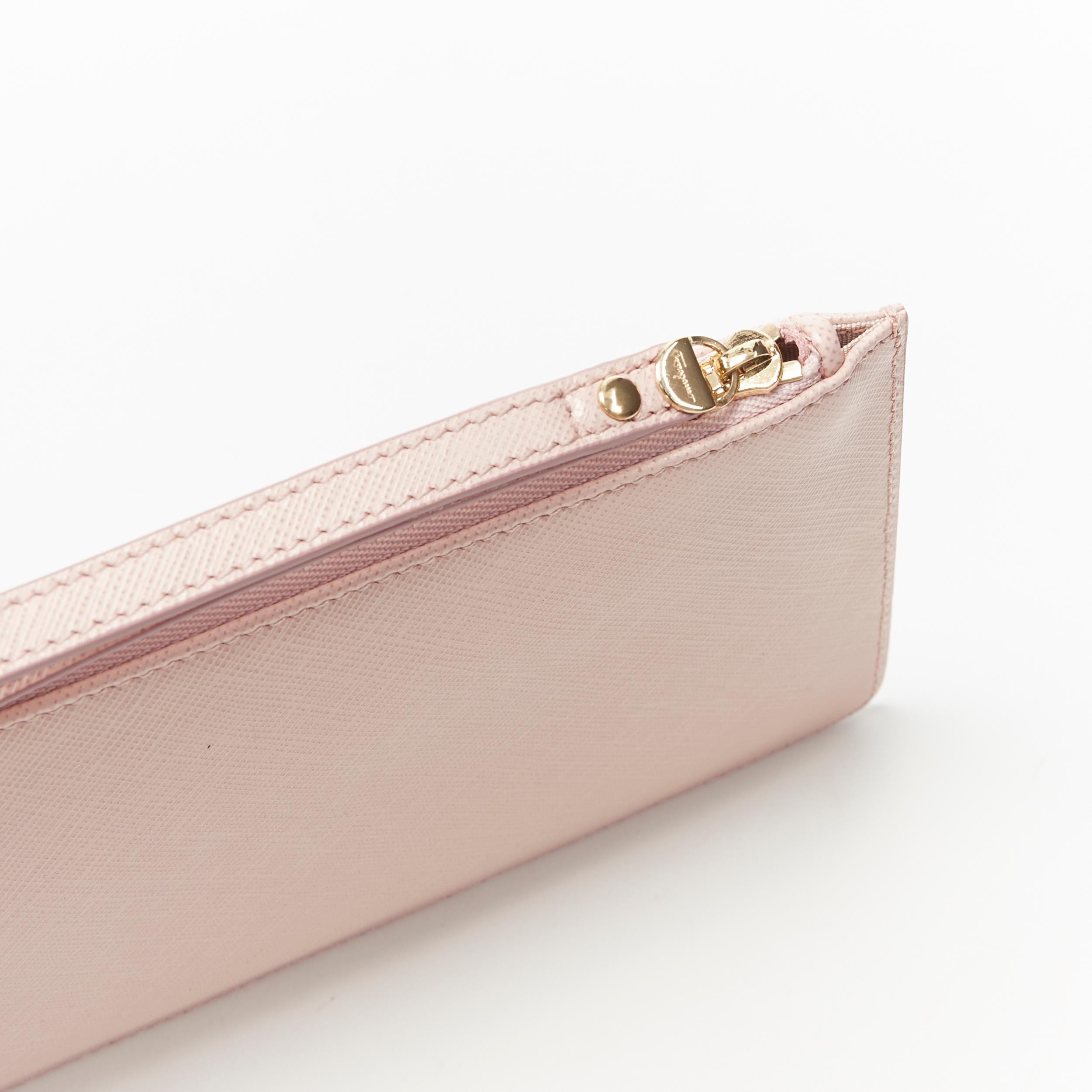 Beige new SALVATORE FERRAGAMO blush pink gold logo top zip wristlet pouch clutch bag