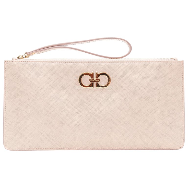 New Salvatore Ferragamo Blush Pink Gold Logo Top Zip Wristlet Pouch Clutch Bag At 1stdibs