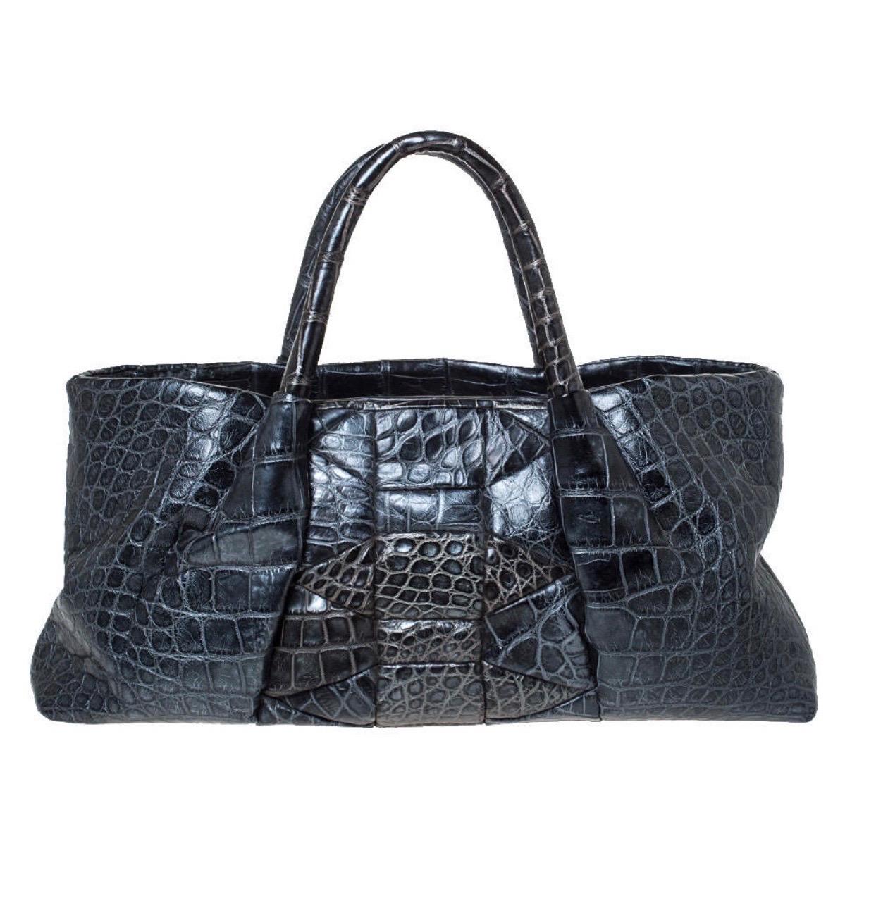 Black NEW Salvatore Ferragamo Exotic Alligator Skin Tote Top Handle Hand Shoulder Bag For Sale