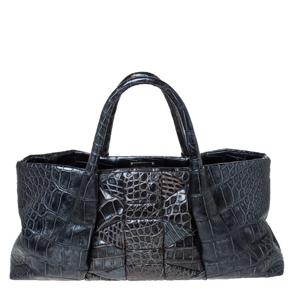 Nero NUOVA Salvatore Ferragamo Borsa a tracolla in pelle di alligatore esotico Tote Top Handle Hand