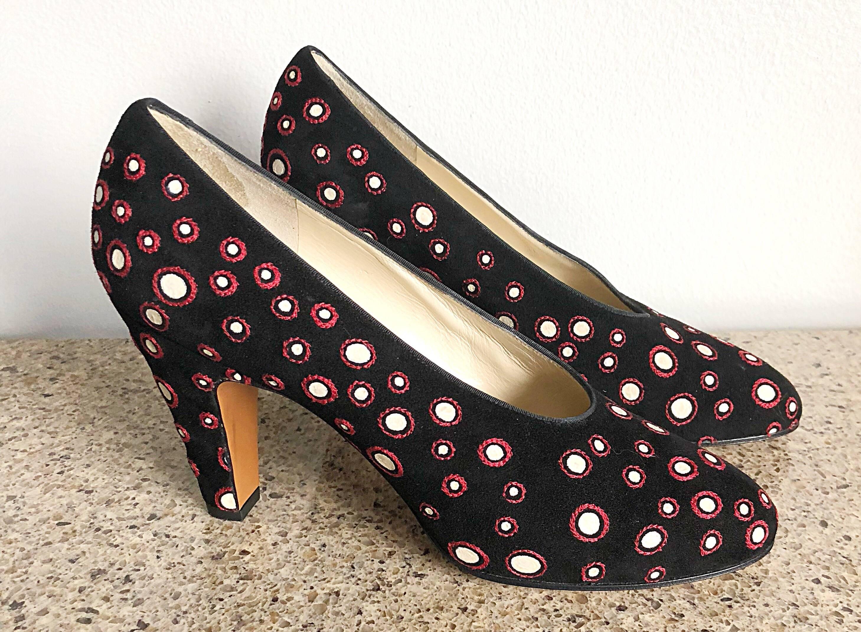 Brand new SALVATORE FERRAGAMO archive limited edition 30s style high heel pumps! Only 500 of these rare beauties were produced, and this pair is marked #30 of 500. Retailed for $1,290. Features a black suede leather, with red stitching outlining