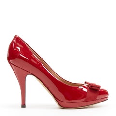 new SALVATORE FERRAGAMO Tina 90 red patent signaure bow platform pump US7.5