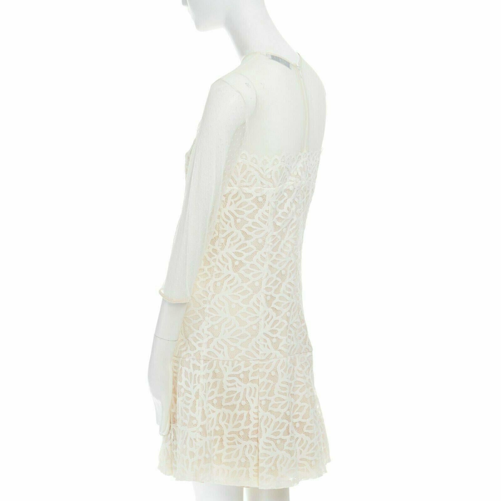 White new SANDRO cream white mesh swiss dot guipure floral lace flared dress L FR40