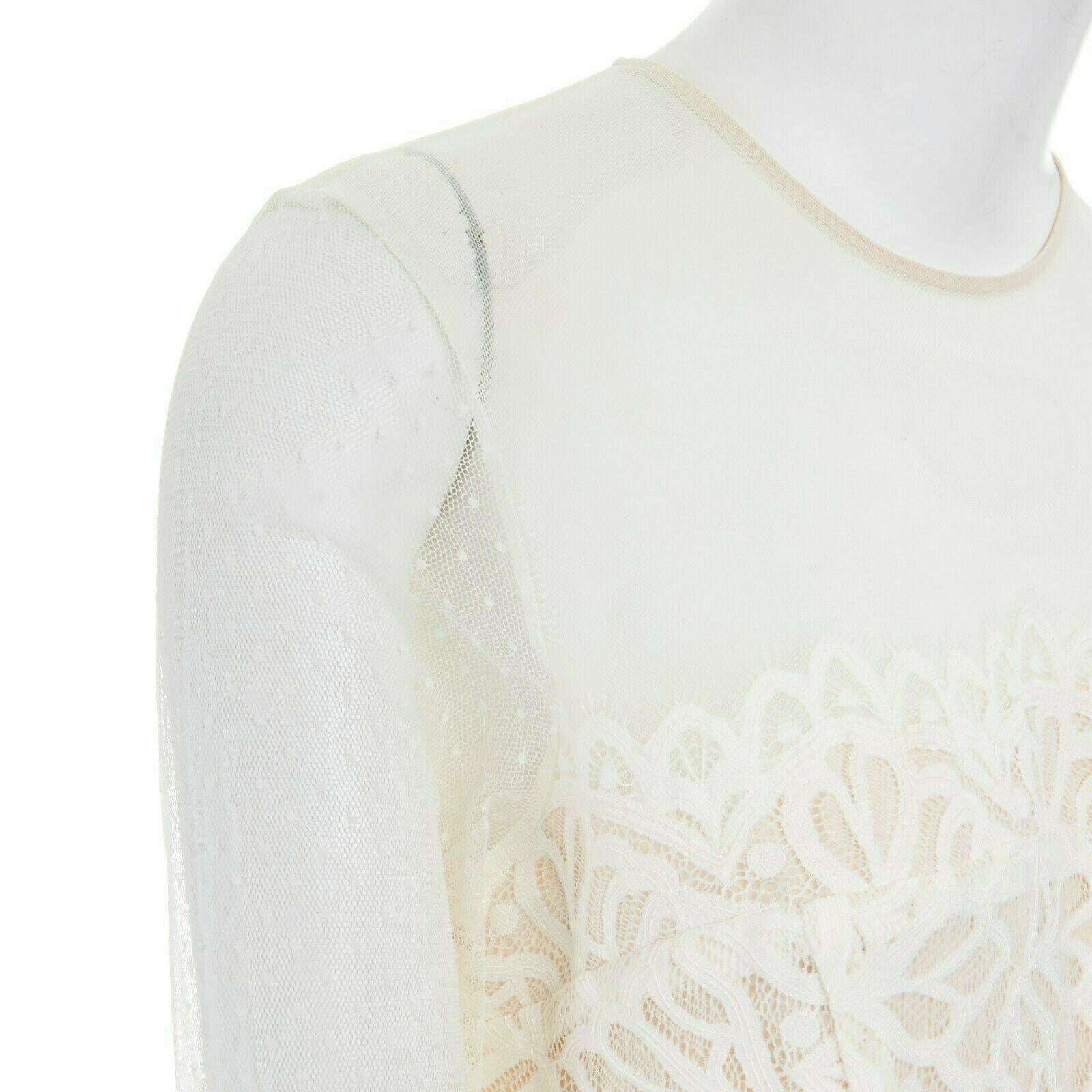 new SANDRO cream white mesh swiss dot guipure floral lace flared dress L FR40 In New Condition In Hong Kong, NT