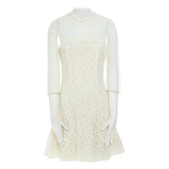 new SANDRO cream white mesh swiss dot guipure floral lace flared dress L FR40