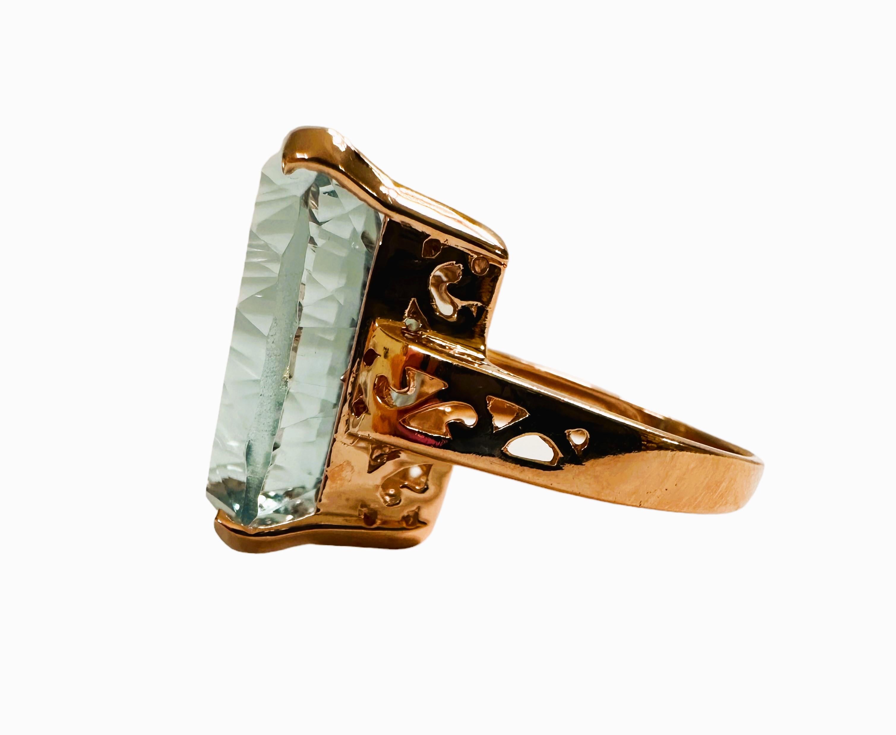 Radiant Cut New 19.20 Carat Aquamarine Concave Diamond Cut Rose Gold Sterling Ring