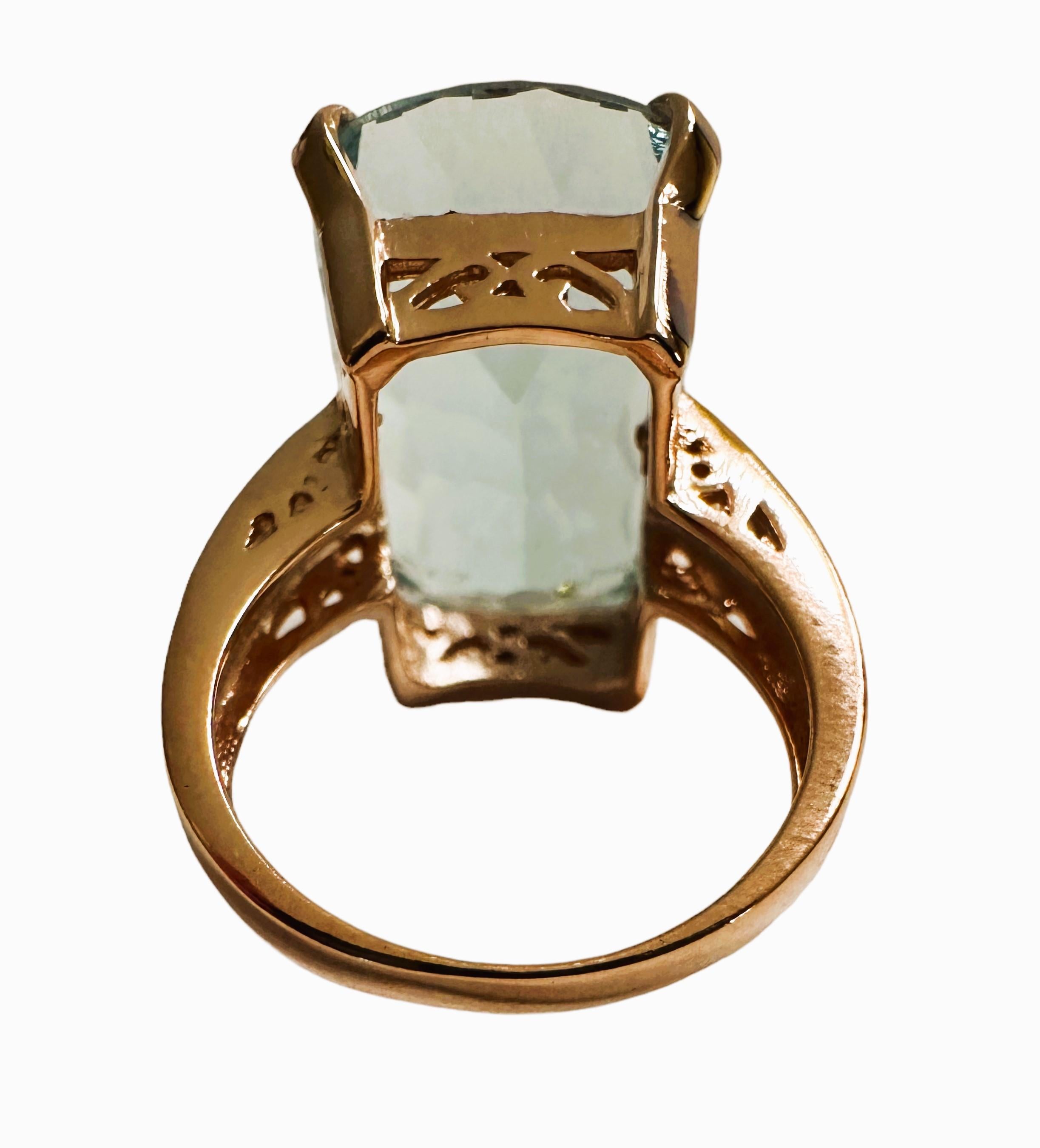 New 19.20 Carat Aquamarine Concave Diamond Cut Rose Gold Sterling Ring In New Condition In Eagan, MN