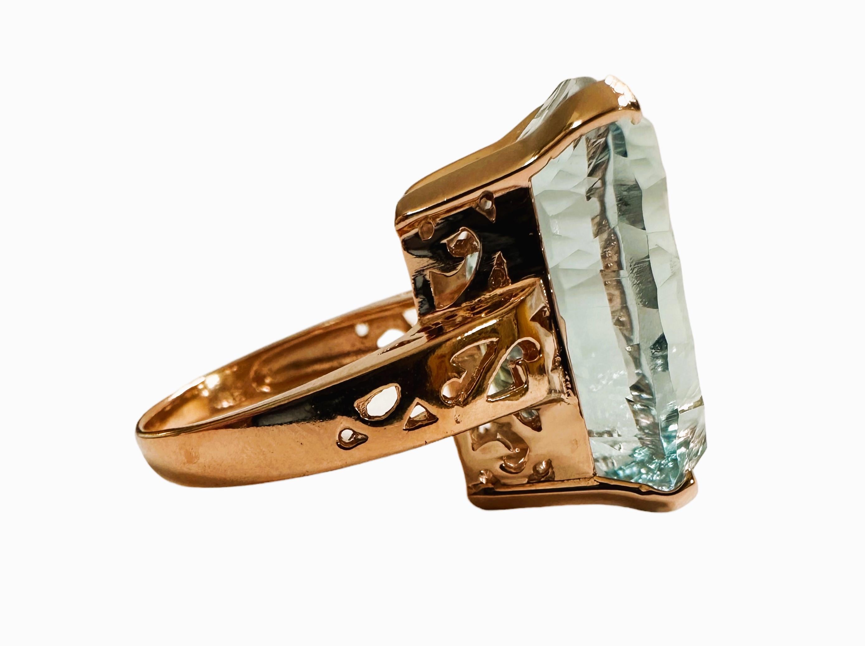 Women's New 19.20 Carat Aquamarine Concave Diamond Cut Rose Gold Sterling Ring