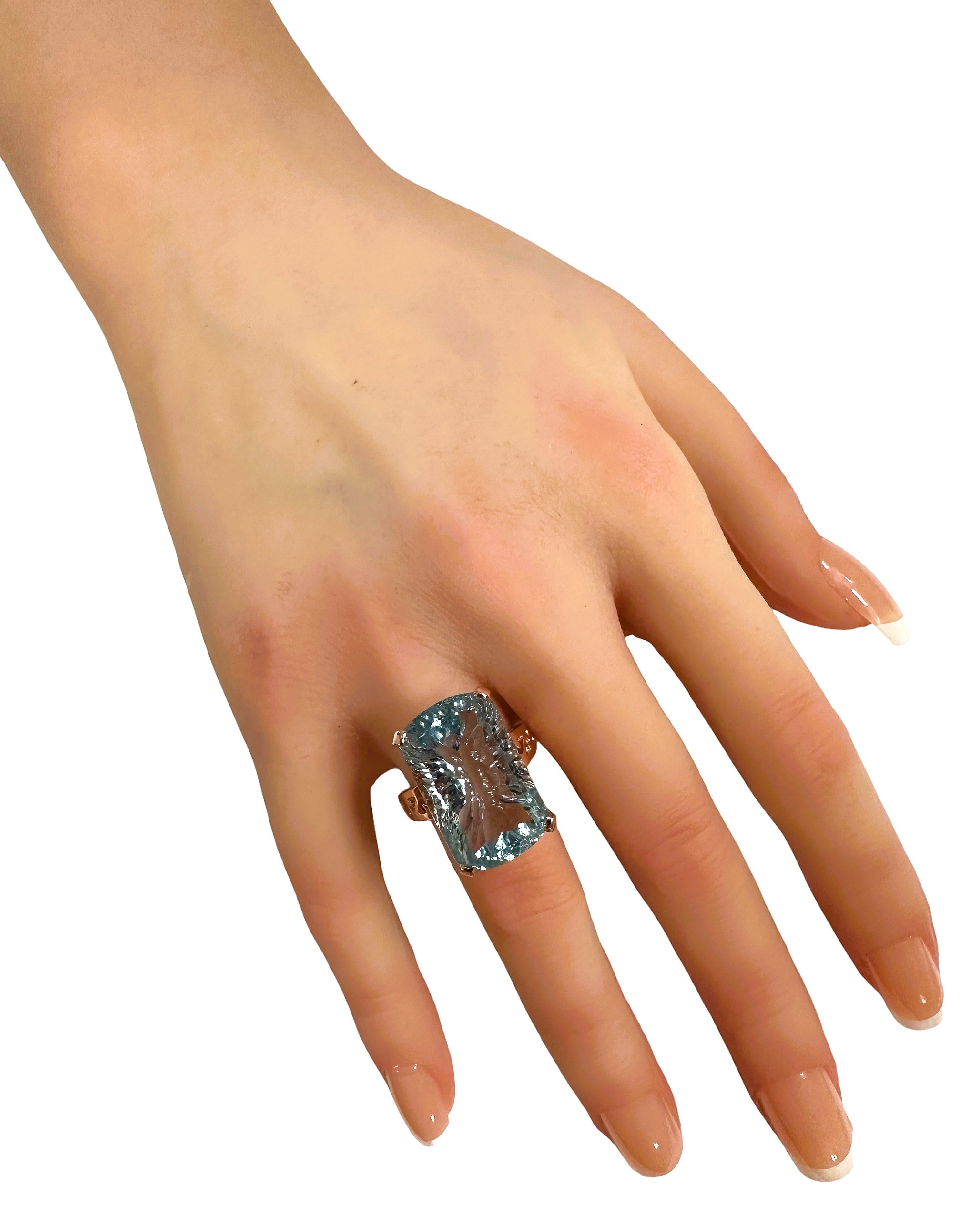 New 19.20 Carat Aquamarine Concave Diamond Cut Rose Gold Sterling Ring 1