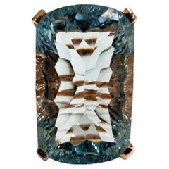 New 19,20 Carat Aquamarine Concave Diamond Cut Rose Gold Sterling Ring