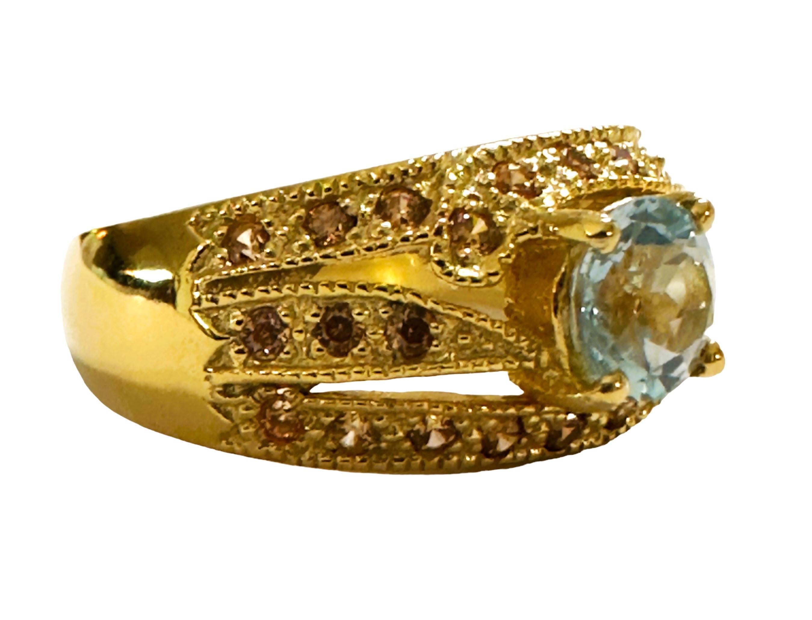 Round Cut New Santa Maria IF 1.0 Ct Aquamarine & Sapphire YGold Plated Sterling Ring