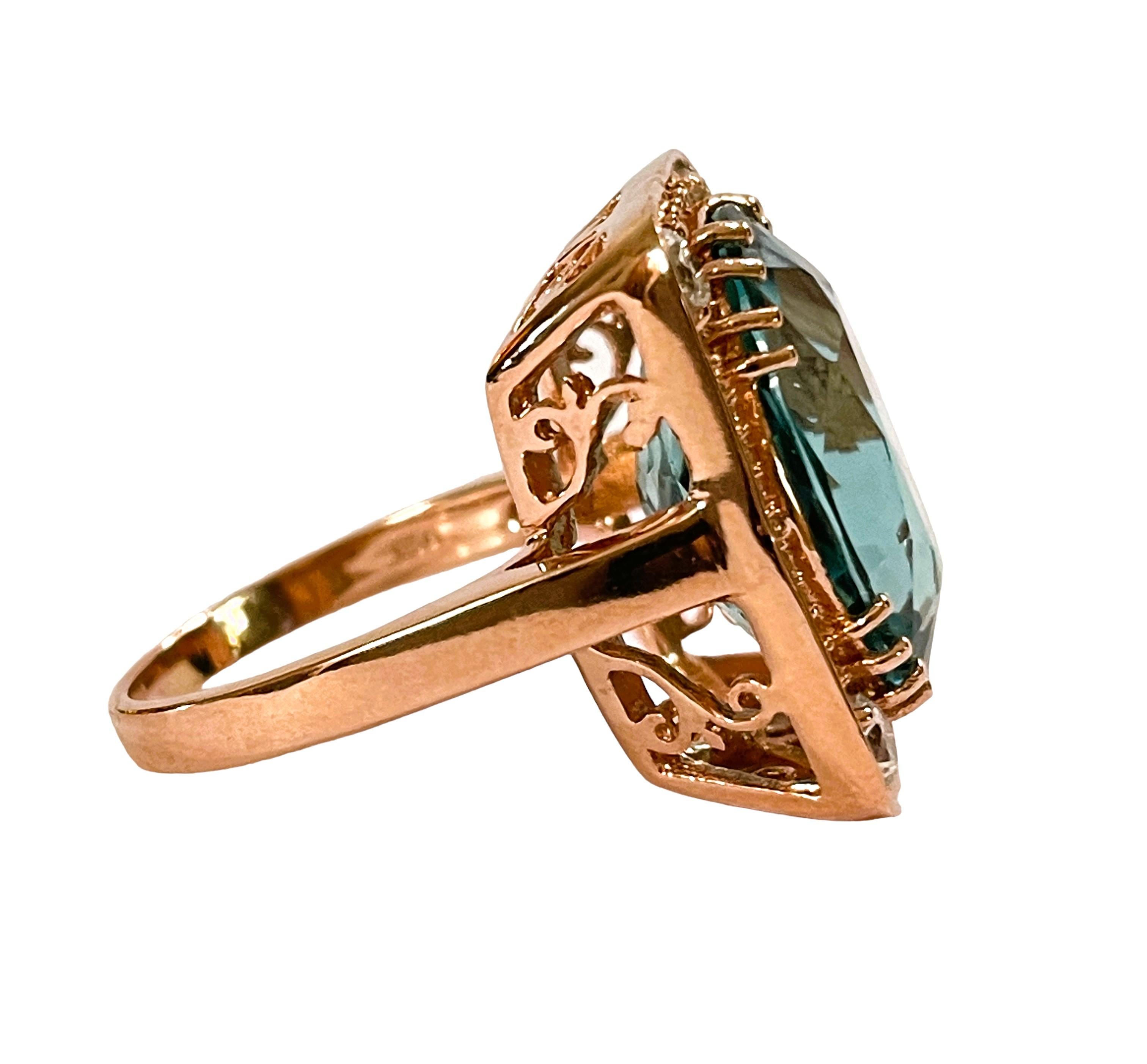 Oval Cut New Santa Maria IF 10.5 Ct Aquamarine & Whit Sapphire Rgold Plated Sterling Ring