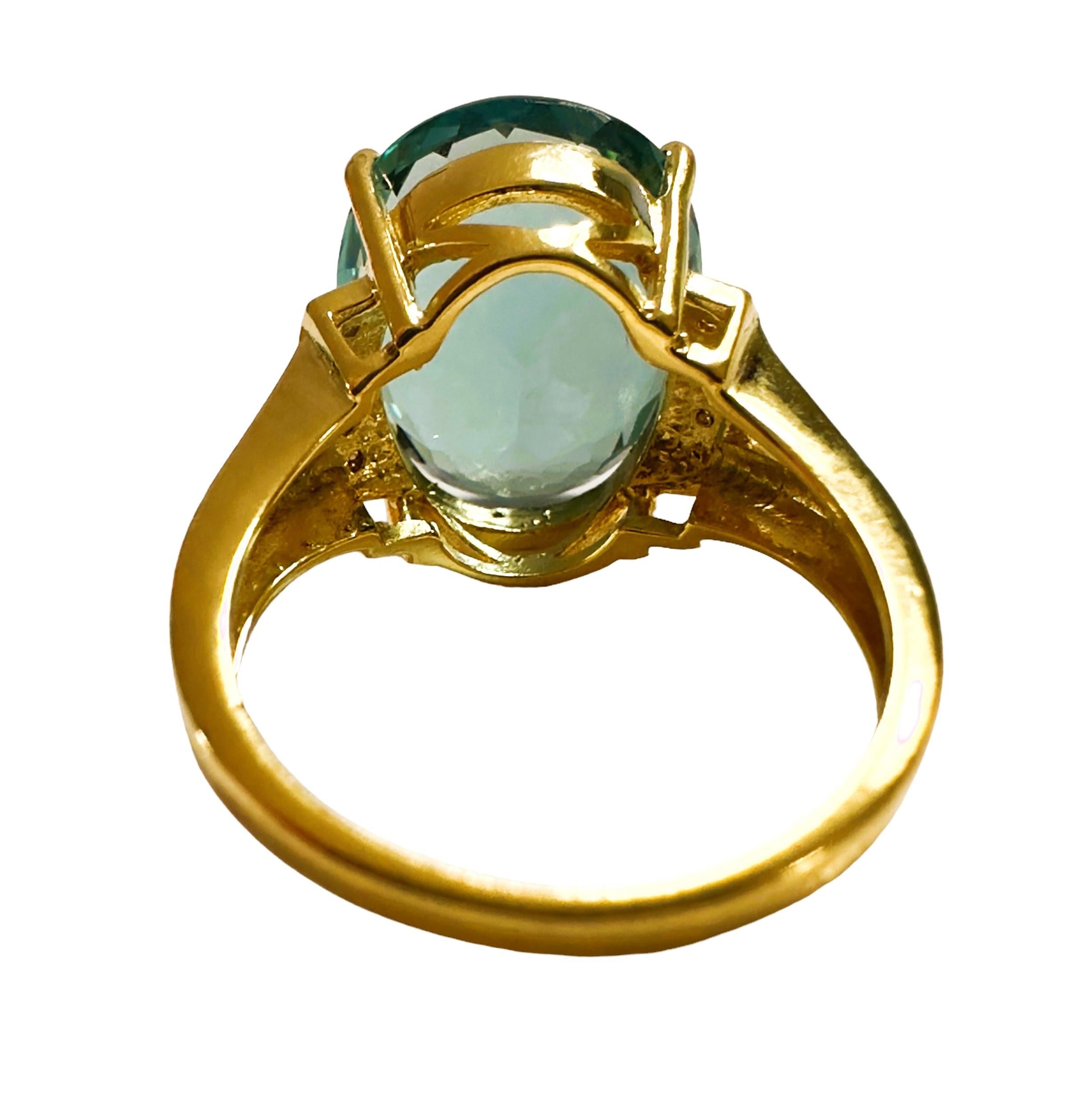 Oval Cut New Santa Maria IF 11.60 Ct Aquamarine & Sapphire YGold Plated Sterling Ring  For Sale