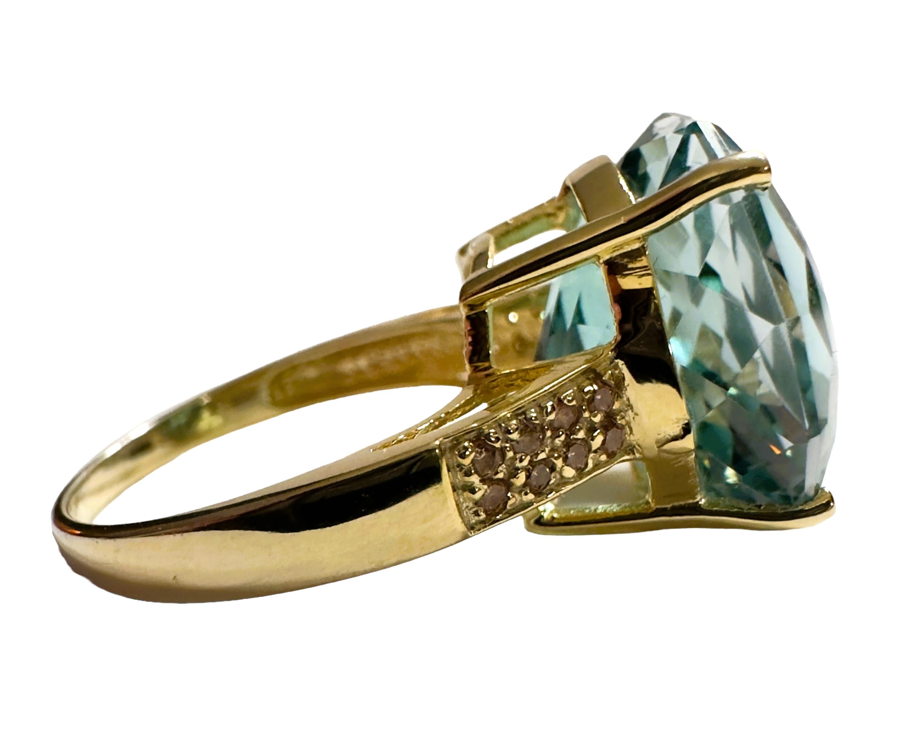 New Santa Maria IF 13.30 Ct Aquamarine & Sapphire YGold Plated Sterling Ring  In New Condition In Eagan, MN