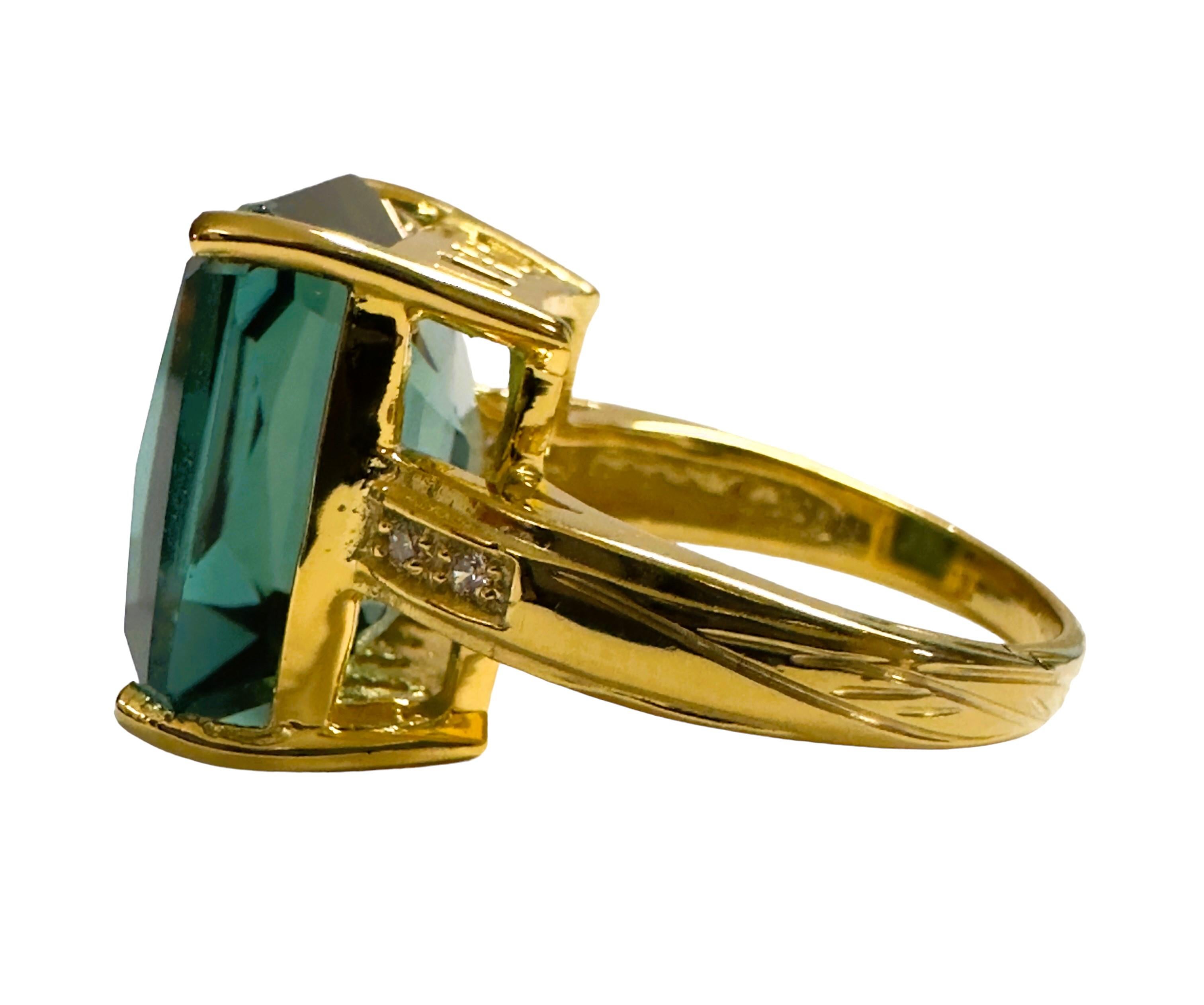 Art Deco New Santa Maria IF 15.5 Ct Aquamarine & Sapphire YGold Plated Sterling Ring 