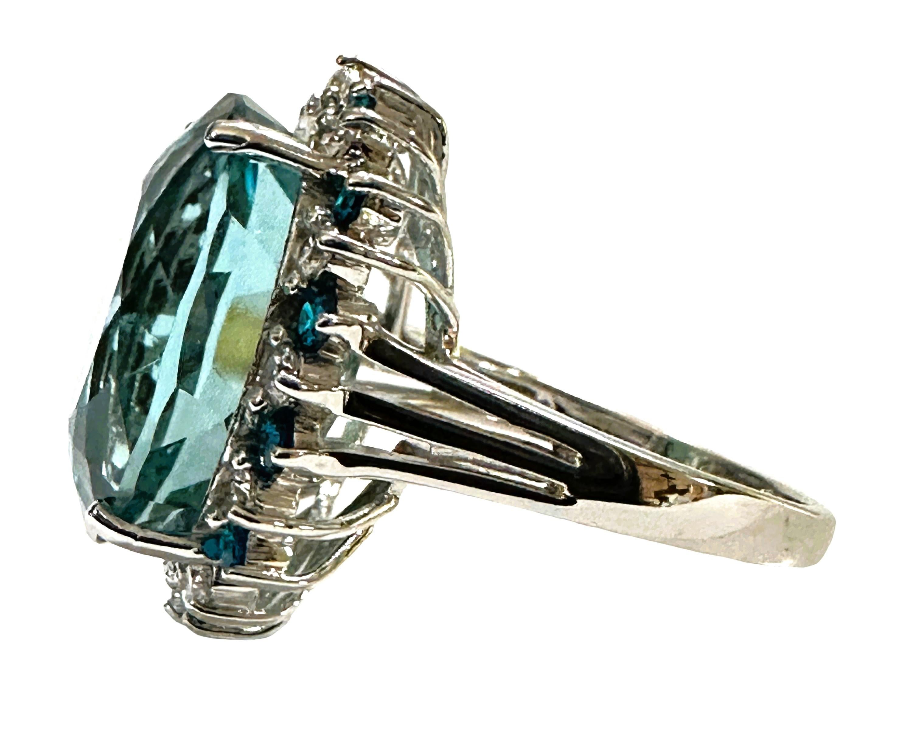 Art Deco New Santa Maria IF 15.80 Carat Aquamarine & Sapphire Sterling Ring Size 6.75