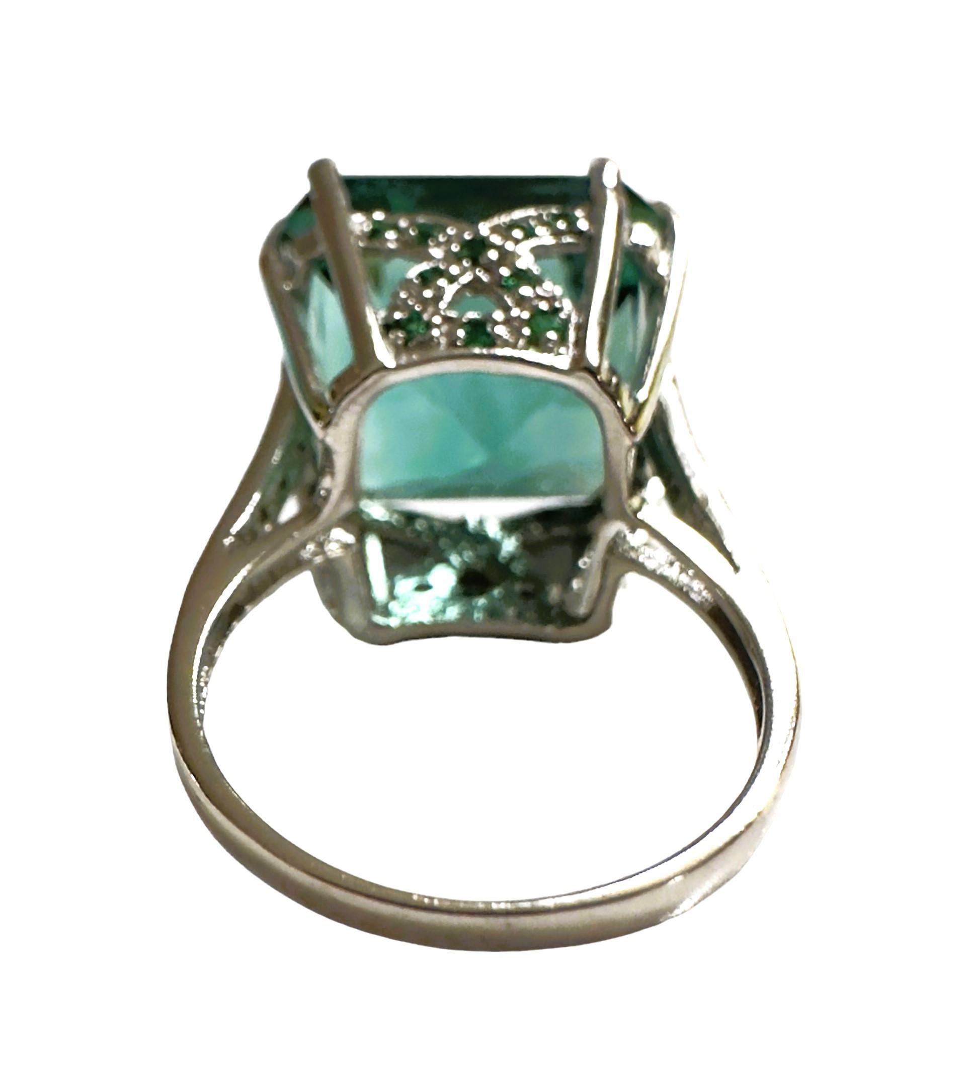 Art Deco New Santa Maria IF 17.40 Ct Aquamarine & Blue Sapphire Sterling Ring 