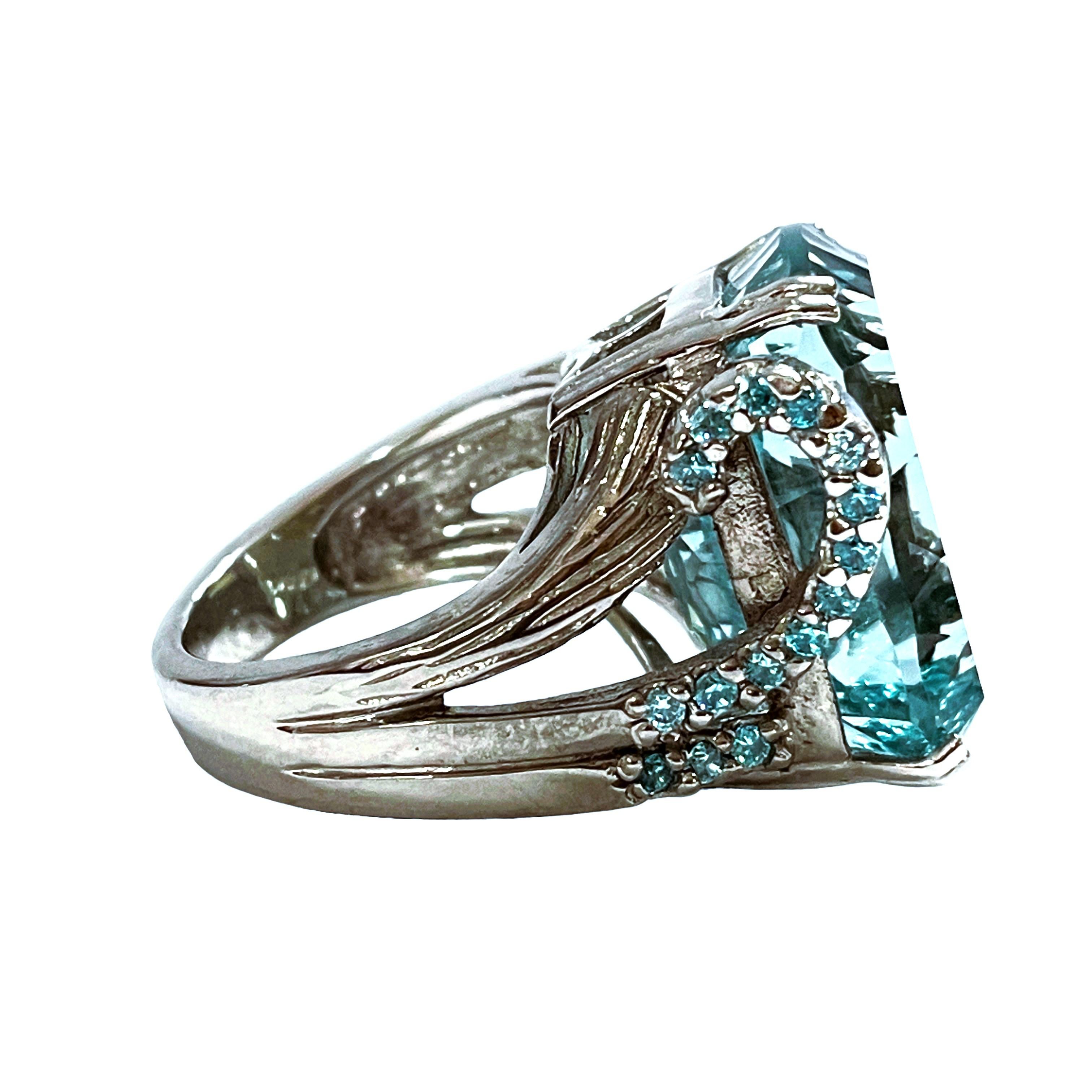 Emerald Cut New Santa Maria IF 19.10 Carat Concave Aquamarine & Sapphire Sterling Ring