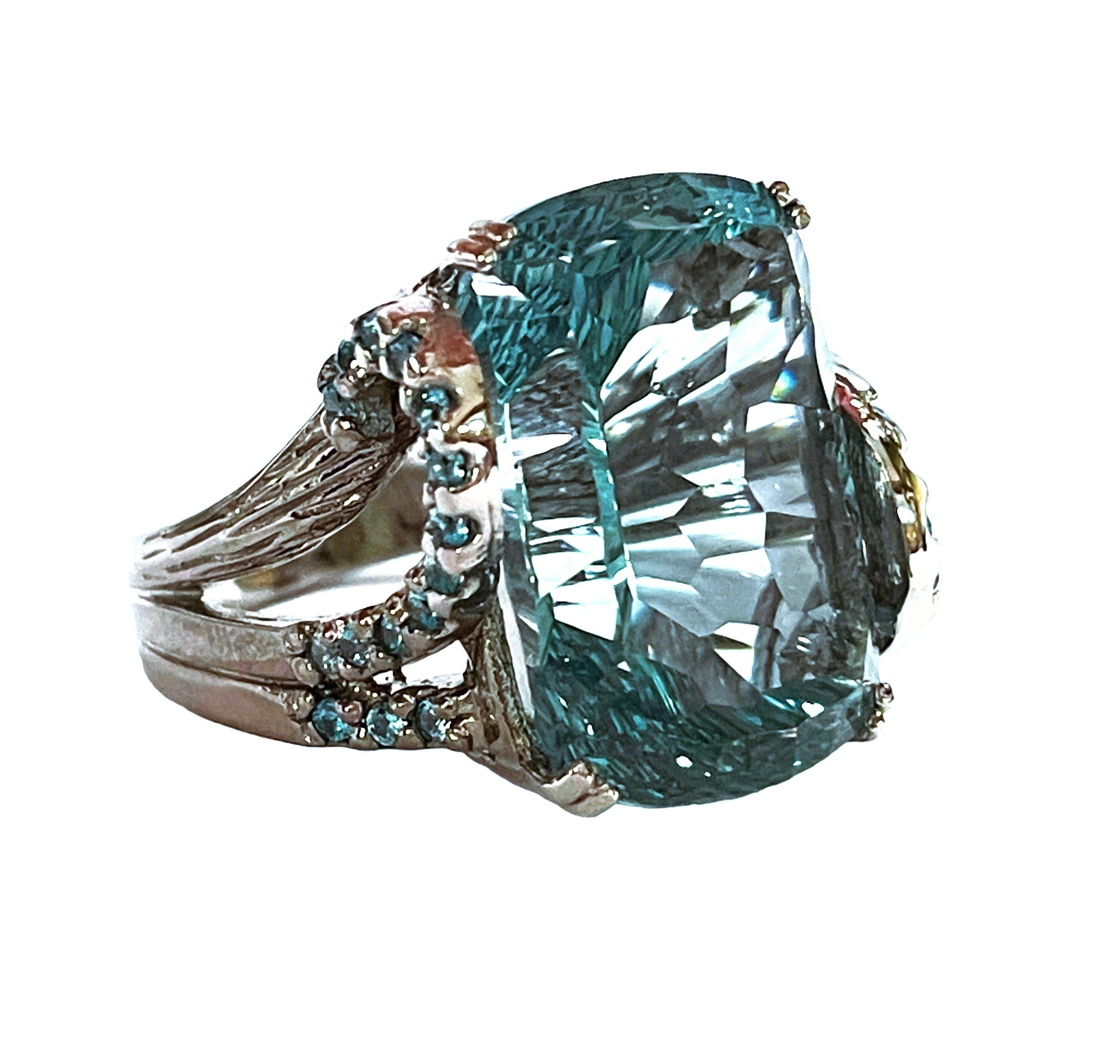 New Santa Maria IF 19.10 Carat Concave Aquamarine & Sapphire Sterling Ring In New Condition In Eagan, MN