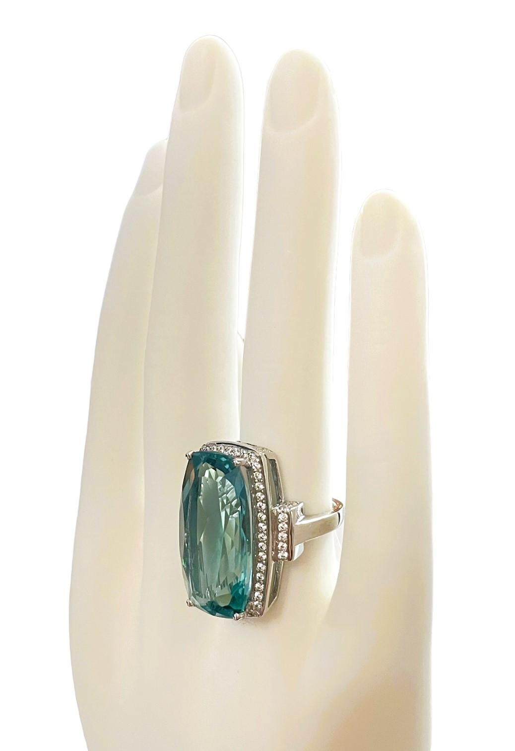 Art Deco New Santa Maria IF 19.6 Ct Radiant Cut Aquamarine & White Sapphire Sterling Ring