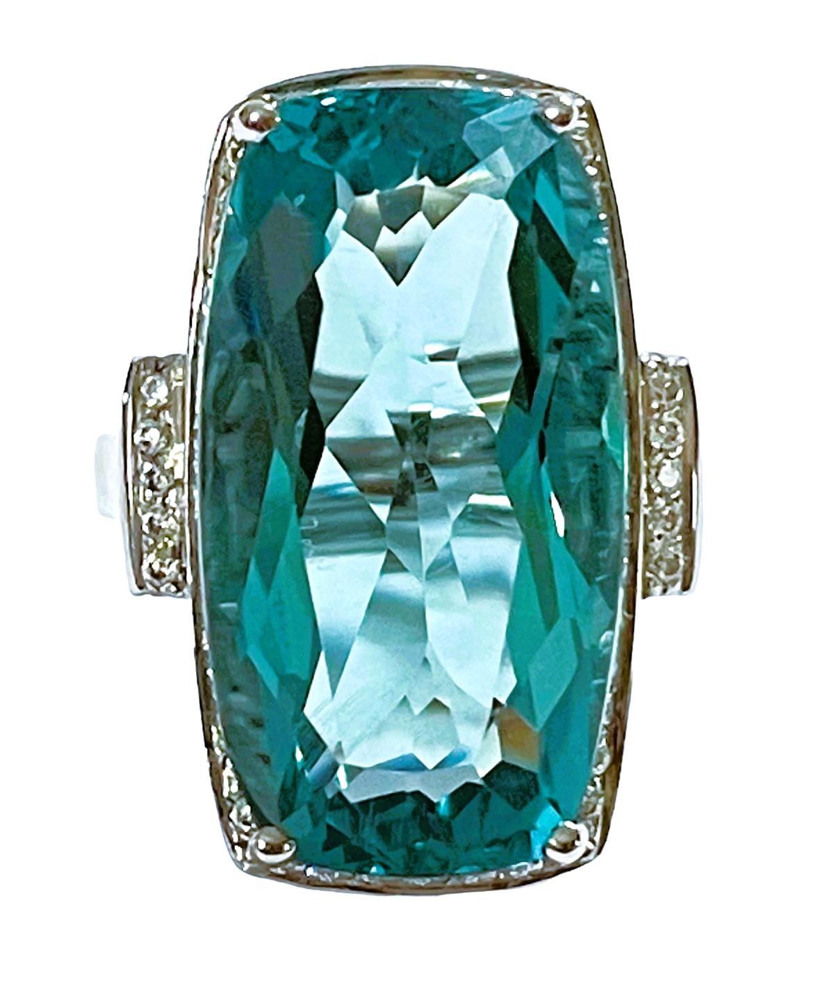 New Santa Maria IF 19.6 Ct Radiant Cut Aquamarine & White Sapphire Sterling Ring In New Condition In Eagan, MN
