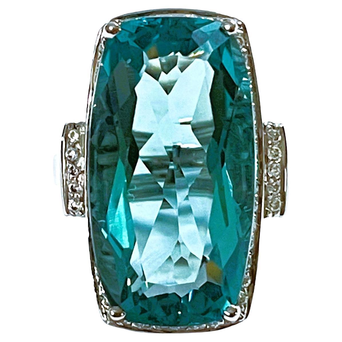 New Santa Maria IF 19.6 Ct Radiant Cut Aquamarine & White Sapphire Sterling Ring