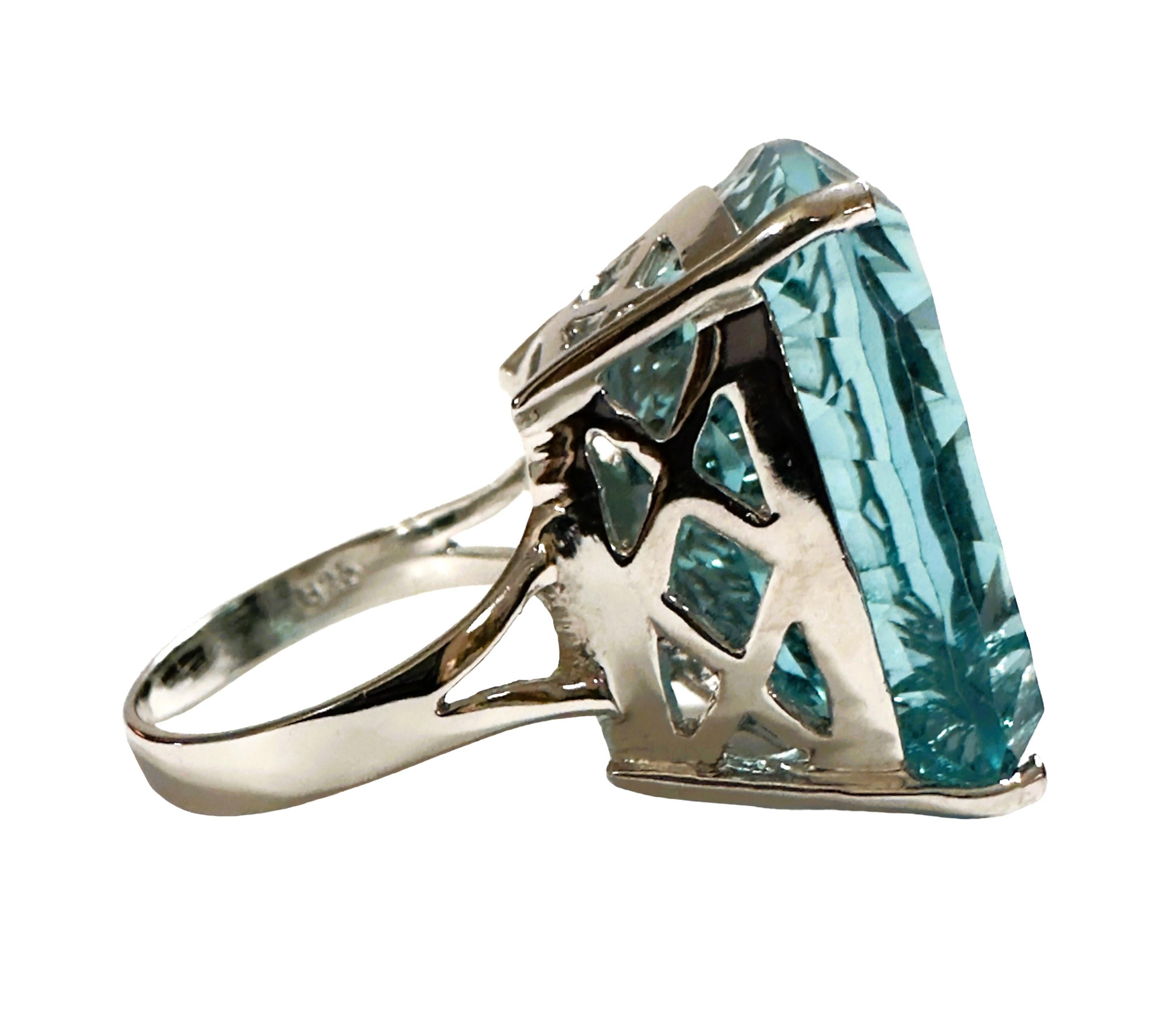 New Santa Maria IF 24.70 Ct Aquamarine Concave Cut Sterling Ring  In New Condition In Eagan, MN
