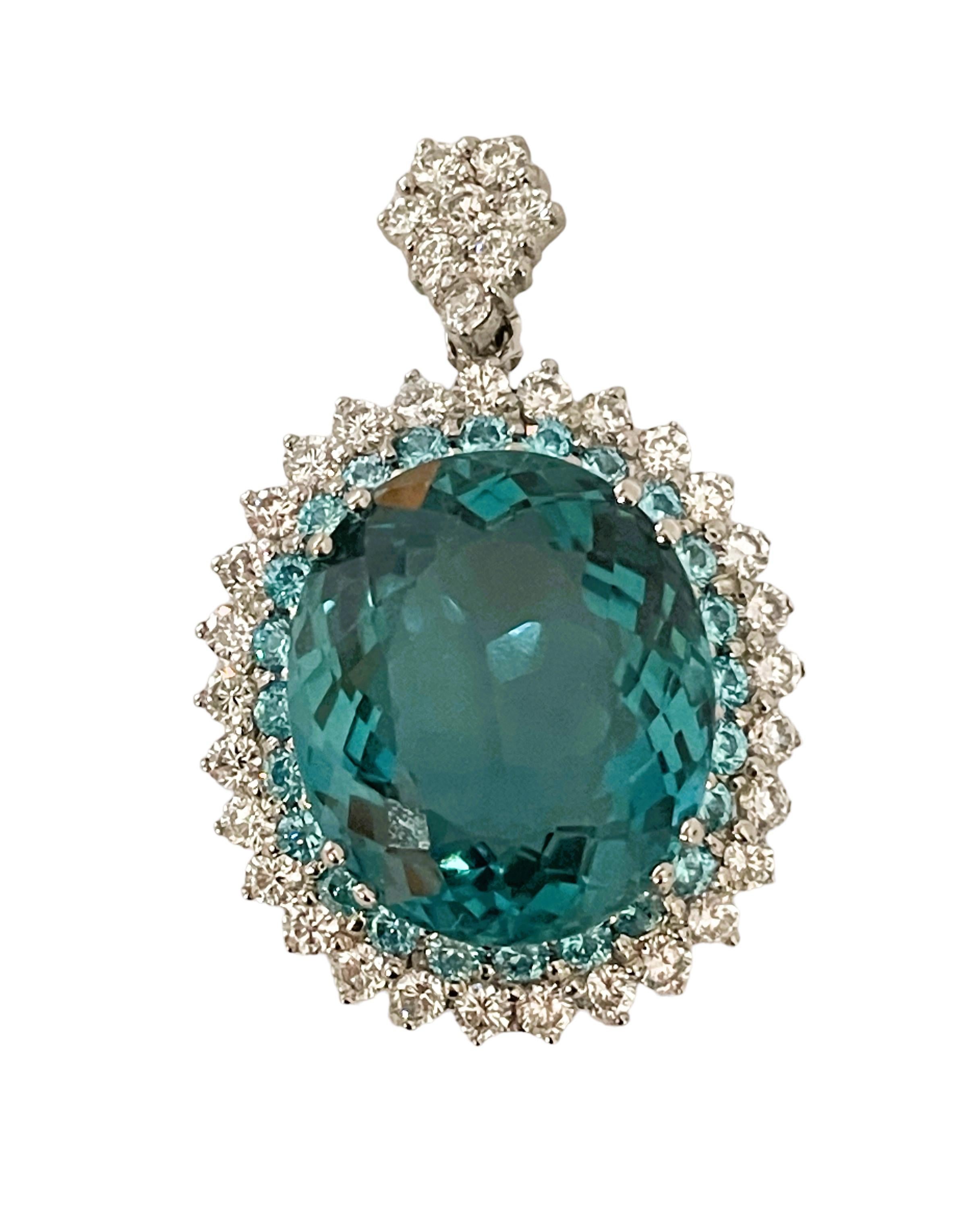 Art Deco New Santa Maria IF 27 Carat Aquamarine & Sapphire Plated Sterling Pendant