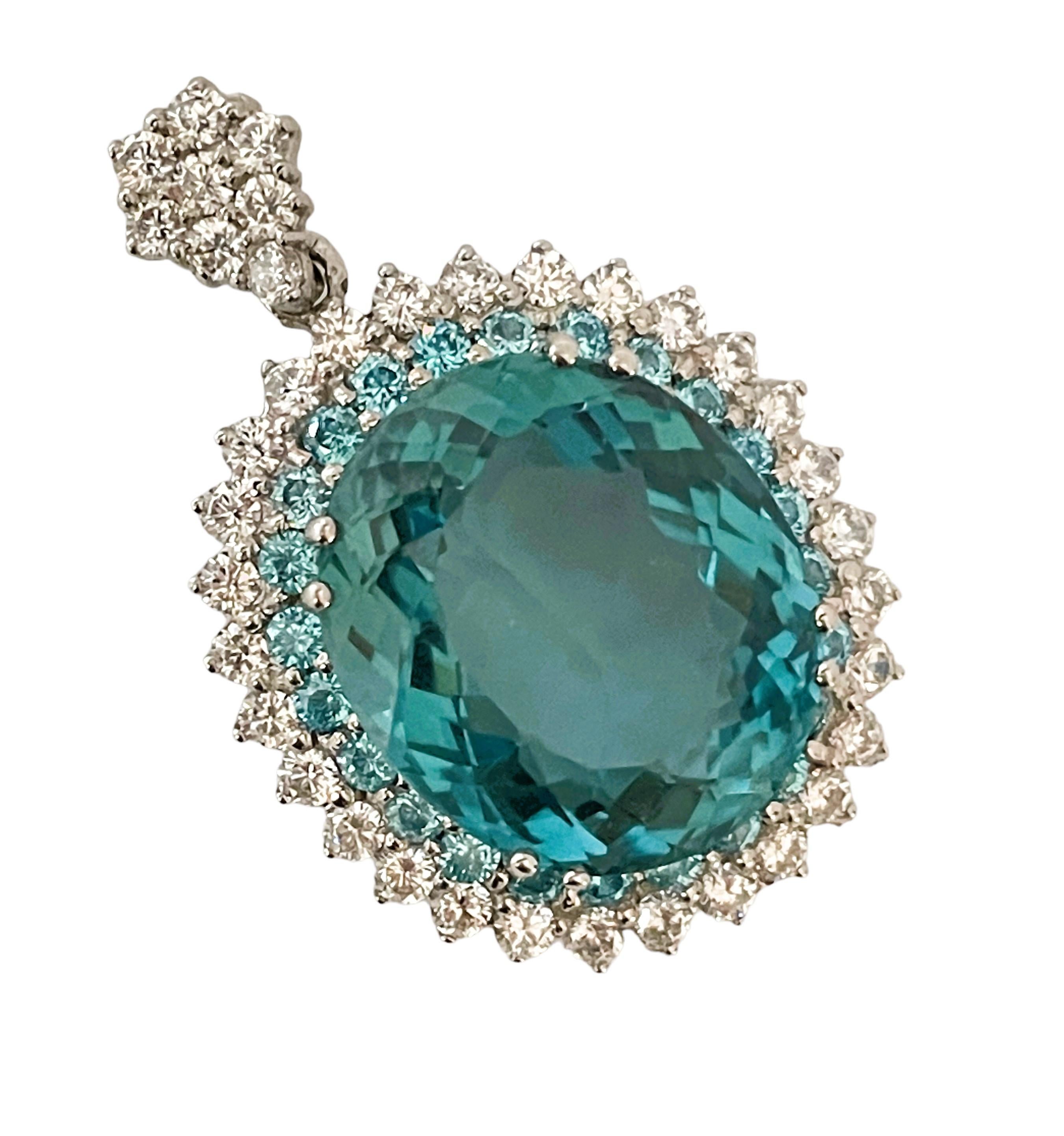 Pear Cut New Santa Maria IF 27 Carat Aquamarine & Sapphire Plated Sterling Pendant