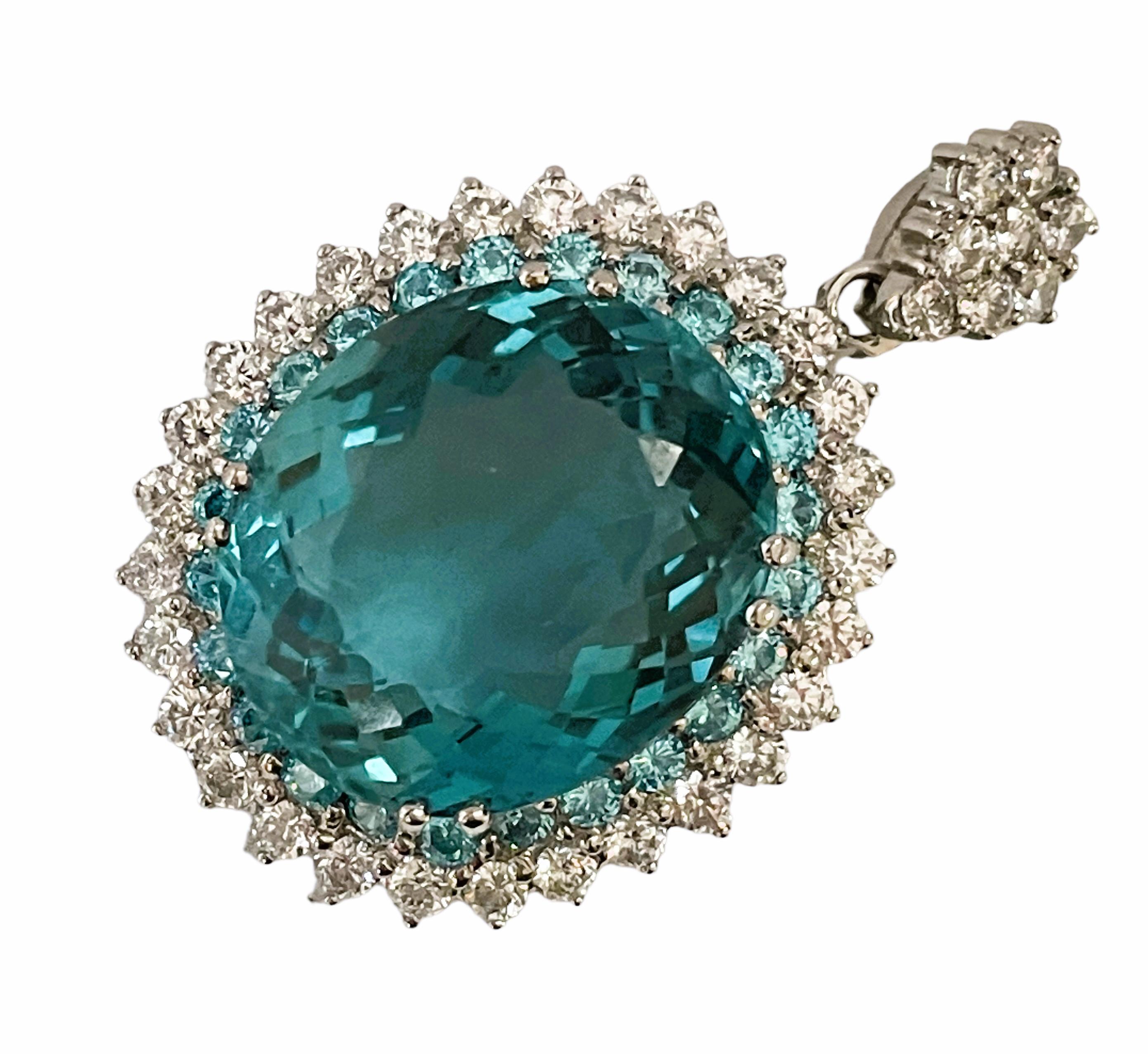 New Santa Maria IF 27 Carat Aquamarine & Sapphire Plated Sterling Pendant In New Condition In Eagan, MN