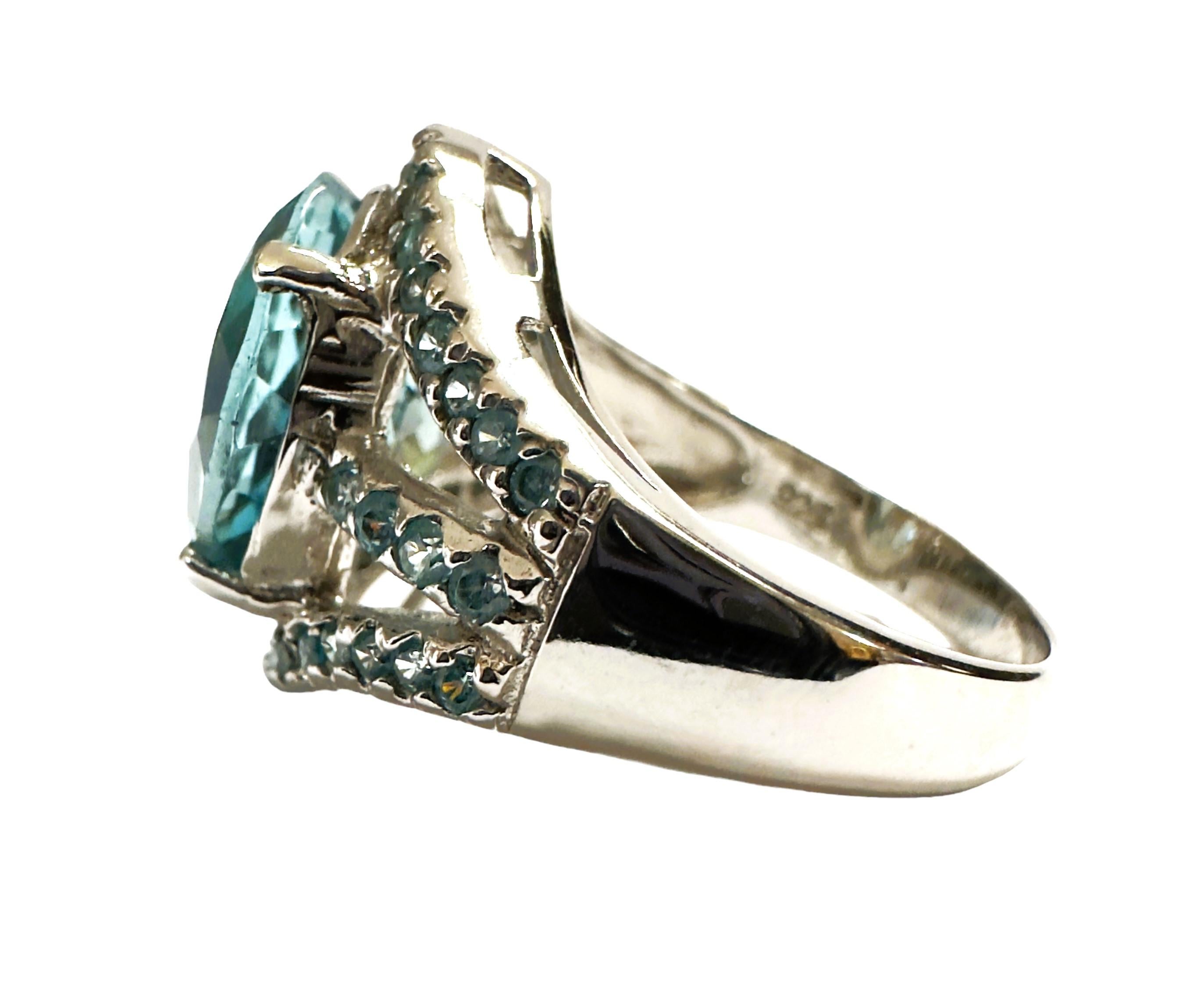 Art Deco New Santa Maria IF 5.10 Ct Aquamarine & Blue Sapphire Sterling Ring 