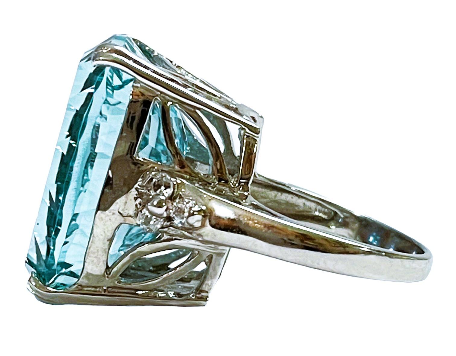 Tapered Baguette New Santa Maria IF Concave Cut 25.20 Ct Aquamarine & Wh Sapp Sterling Ring