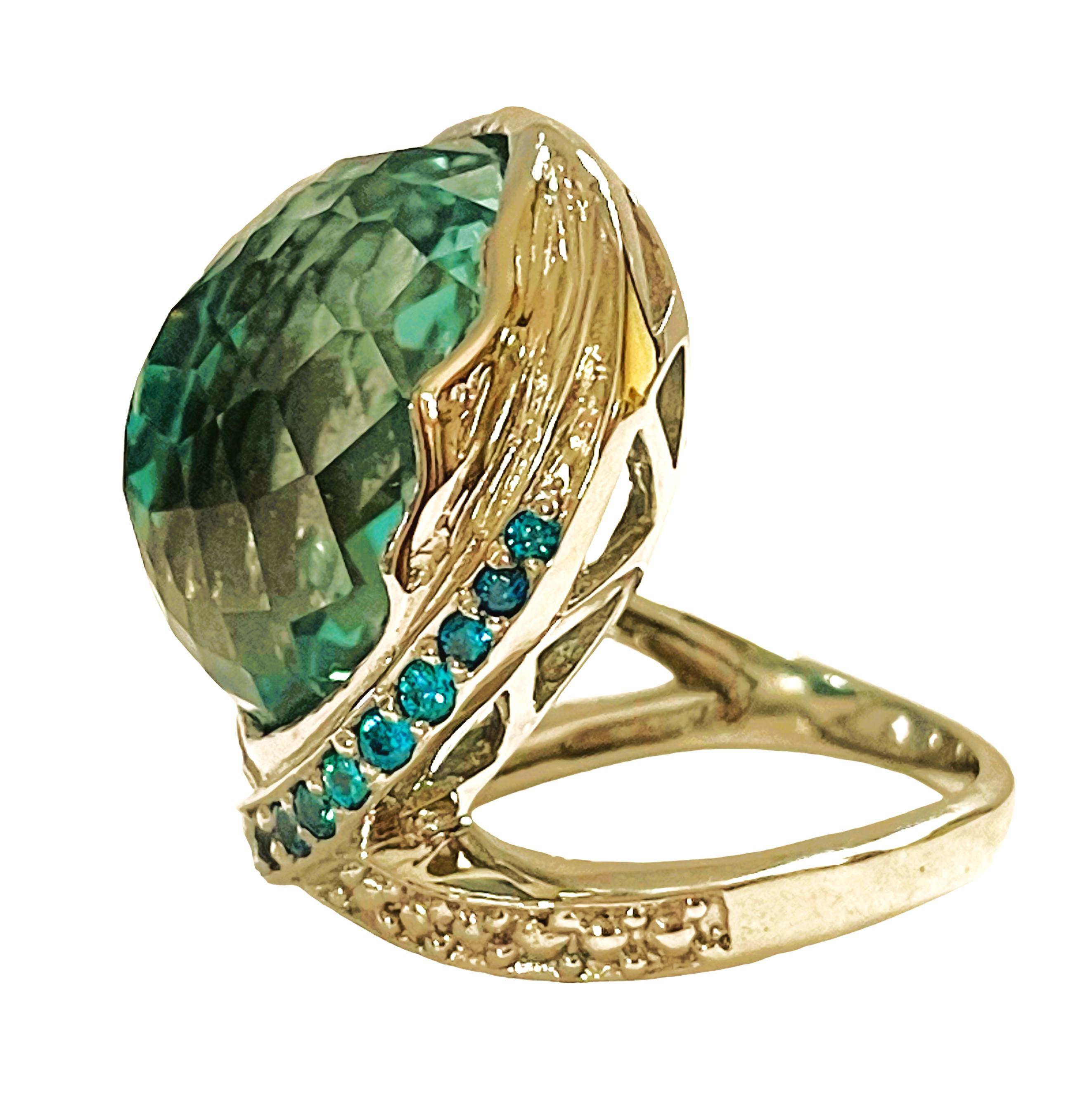 Art Deco New Santa Maria IF Dome Cut 18.10 Ct Aquamarine, Apatite & Sapphir Sterling Ring