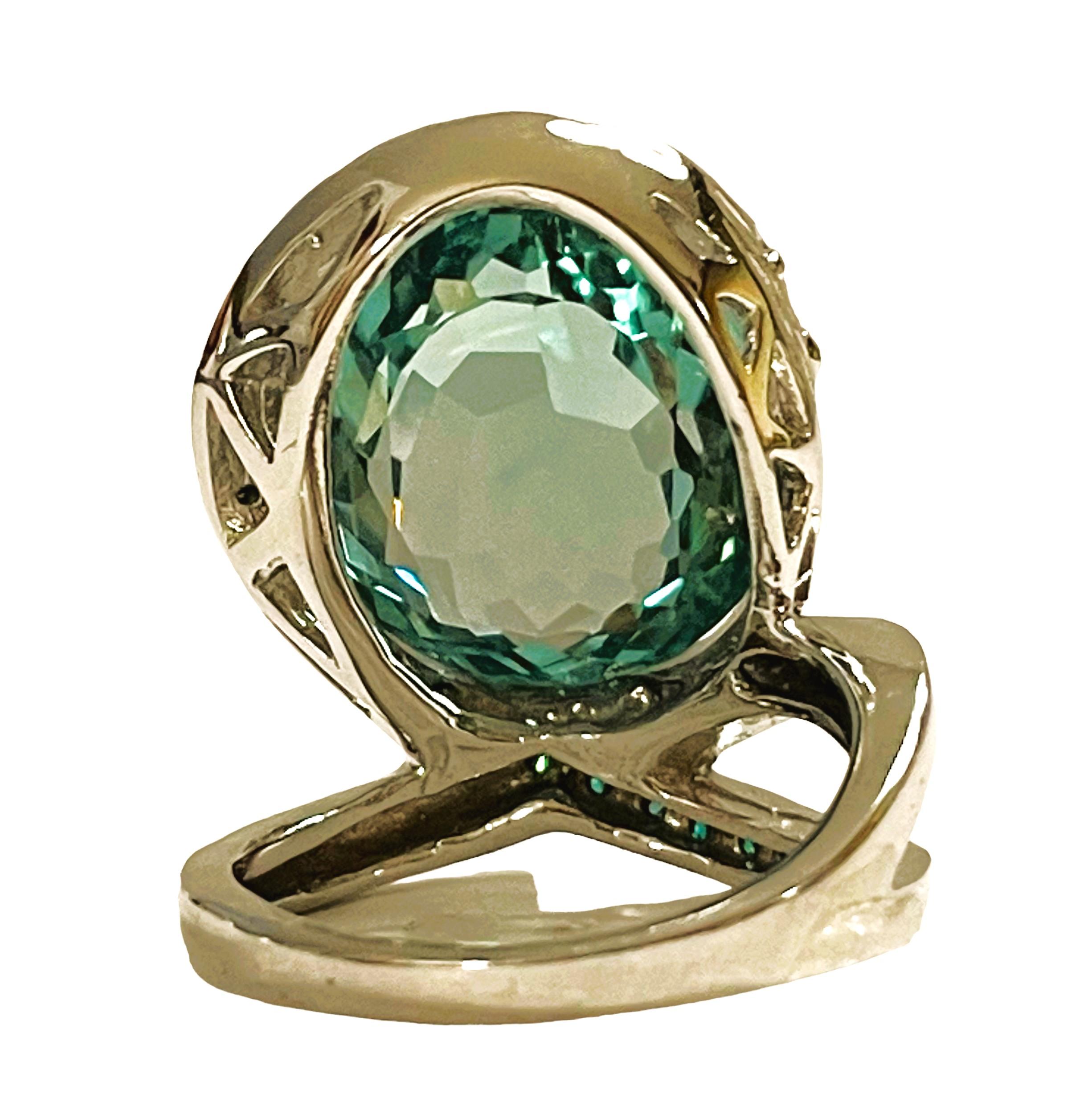 Oval Cut New Santa Maria IF Dome Cut 18.10 Ct Aquamarine, Apatite & Sapphir Sterling Ring