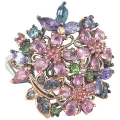 New Sapphire Amethyst Tsavorite Topaz Tanzanite Garden Silver Cocktail Ring