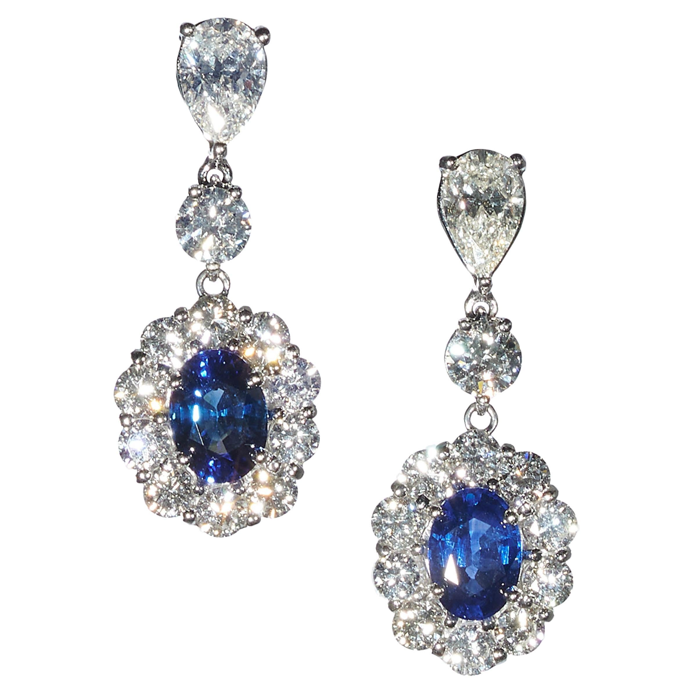 New Sapphire, Diamond and White Gold Cluster Drop Earrings, 2022 For Sale