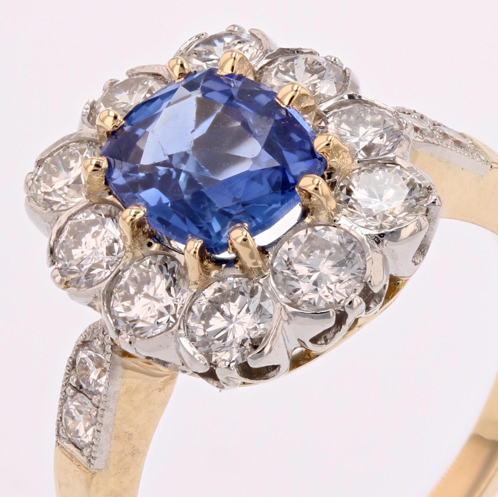 Cushion Cut New Sapphire Diamonds Platinum 18 Karat Yellow Gold Engagement Cluster Ring For Sale