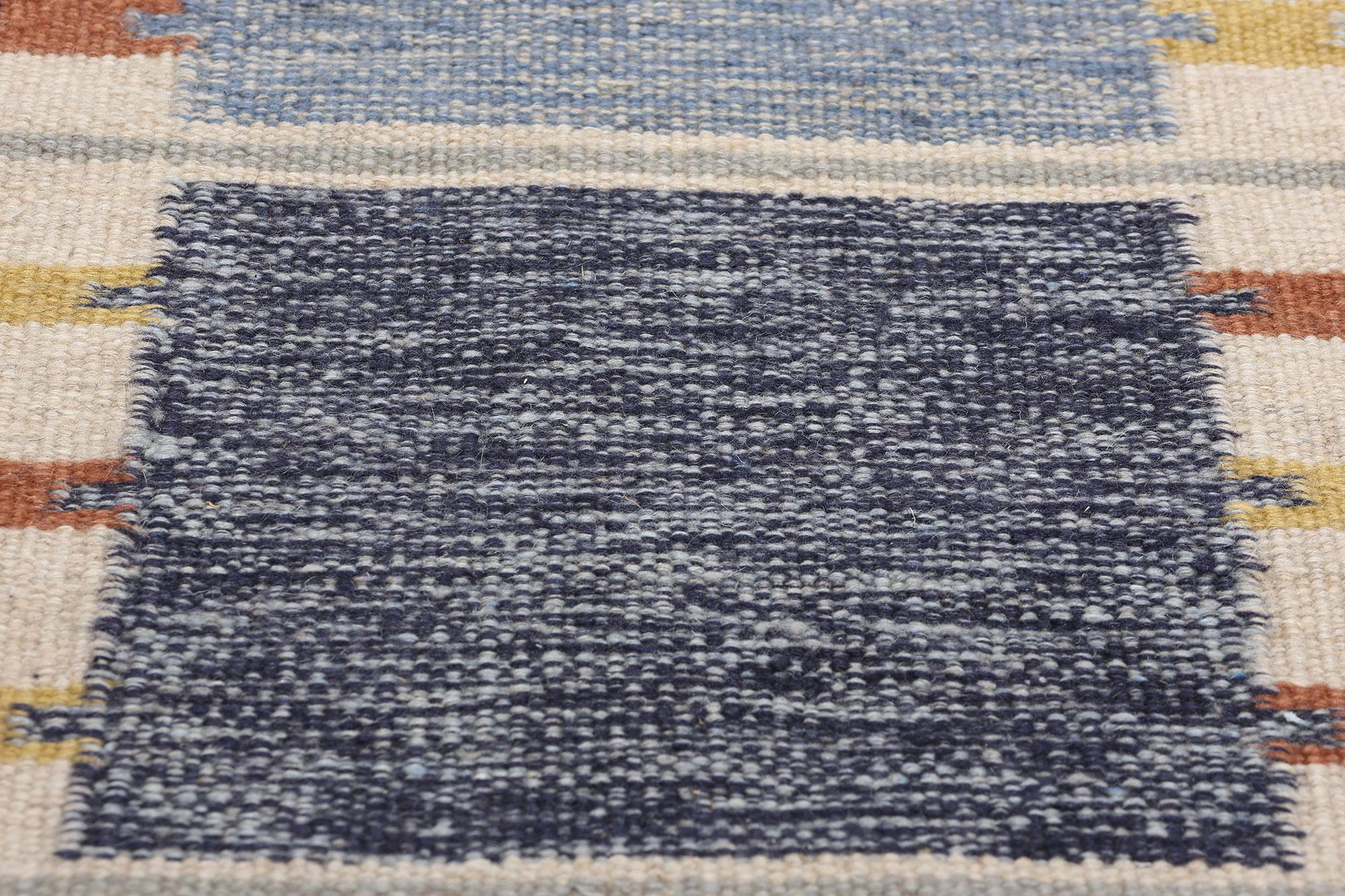 Nuevo Kilim Röllakan Azul Escandinavo de Inspiración Sueca, 09'05 x 11'10 Tejido a mano en venta