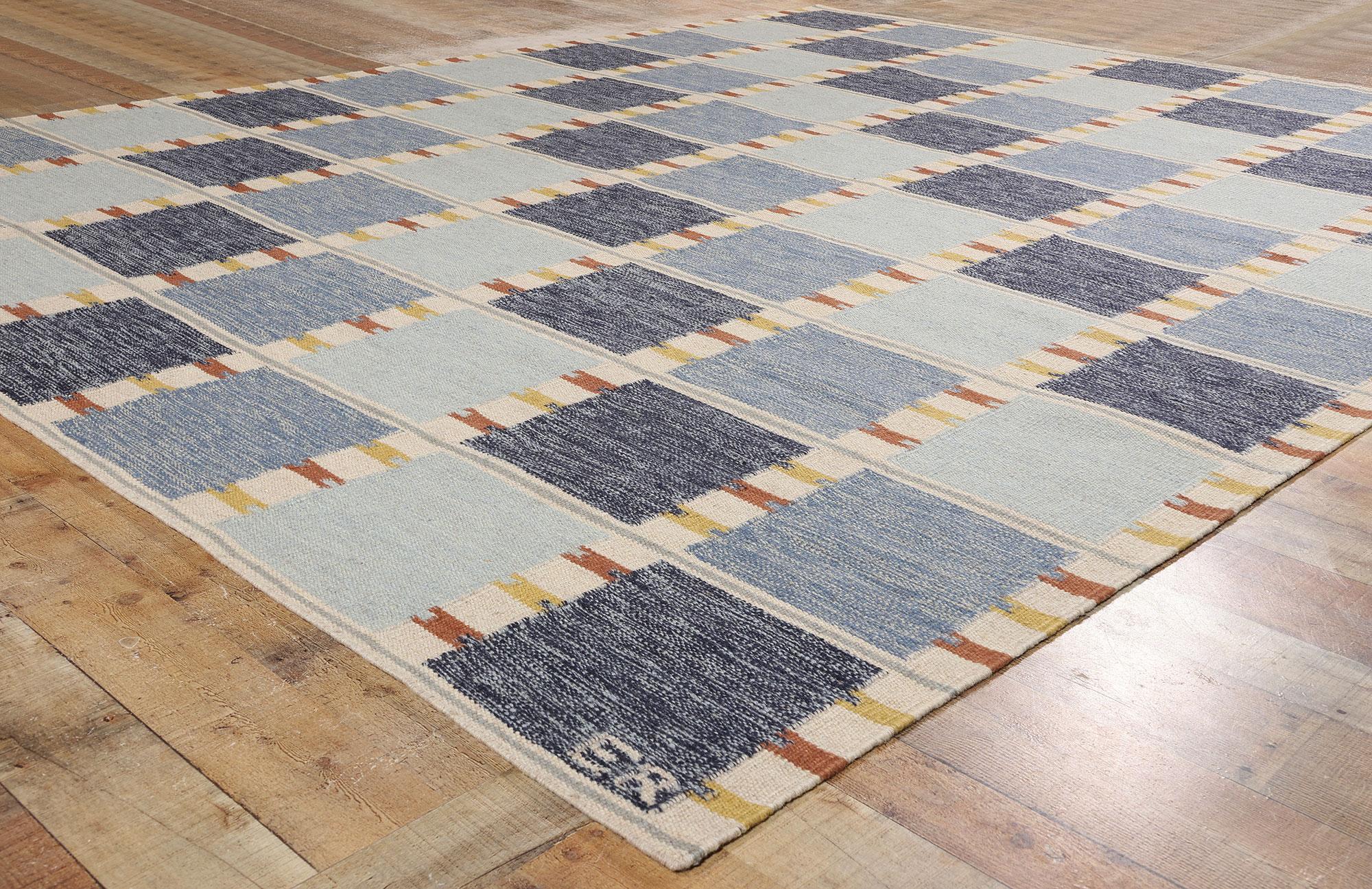 Nuevo Kilim Röllakan Azul Escandinavo de Inspiración Sueca, 09'05 x 11'10 Lana en venta