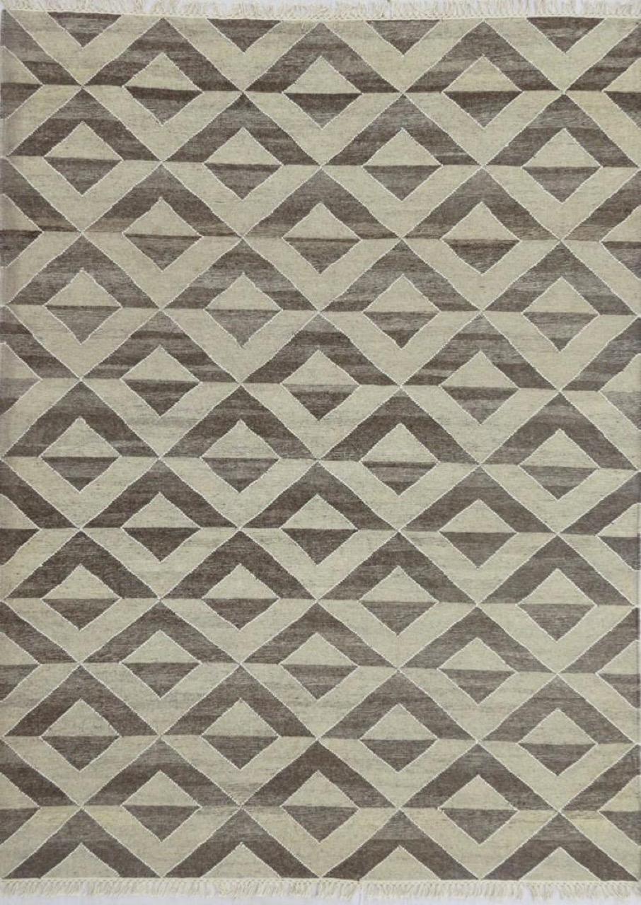 Beautiful new Kilim with geometrical Scandinavian design and light colors, entirely handwoven with wool on cotton foundation.