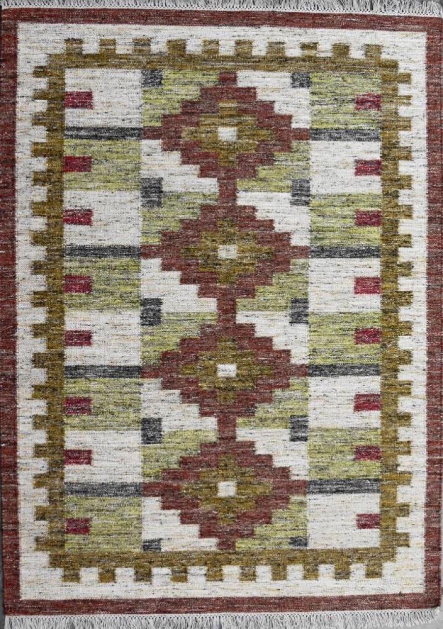 Beautiful new Kilim with geometrical Scandinavian design and light colors, entirely handwoven with wool on cotton foundation. Size: 170 x 240 cm.