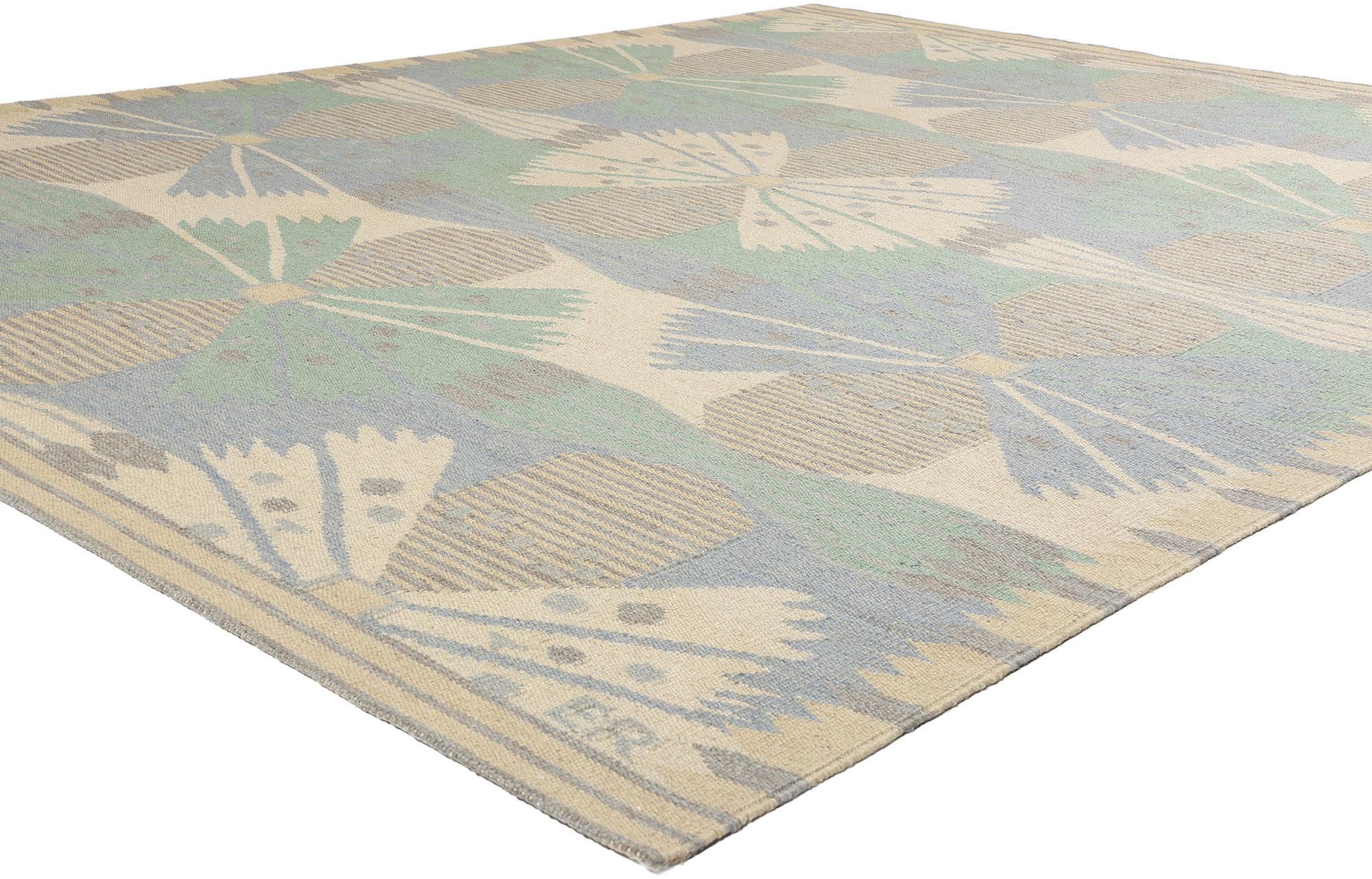 31110 New Scandinavian Modern Scandinavian Inspired Kilim Rug, 09'04 x 11'08. Questo squisito tappeto kilim di ispirazione svedese, tessuto a mano in lana, ispirato al design Modern/One e meticolosamente realizzato in India, offre una nuova
