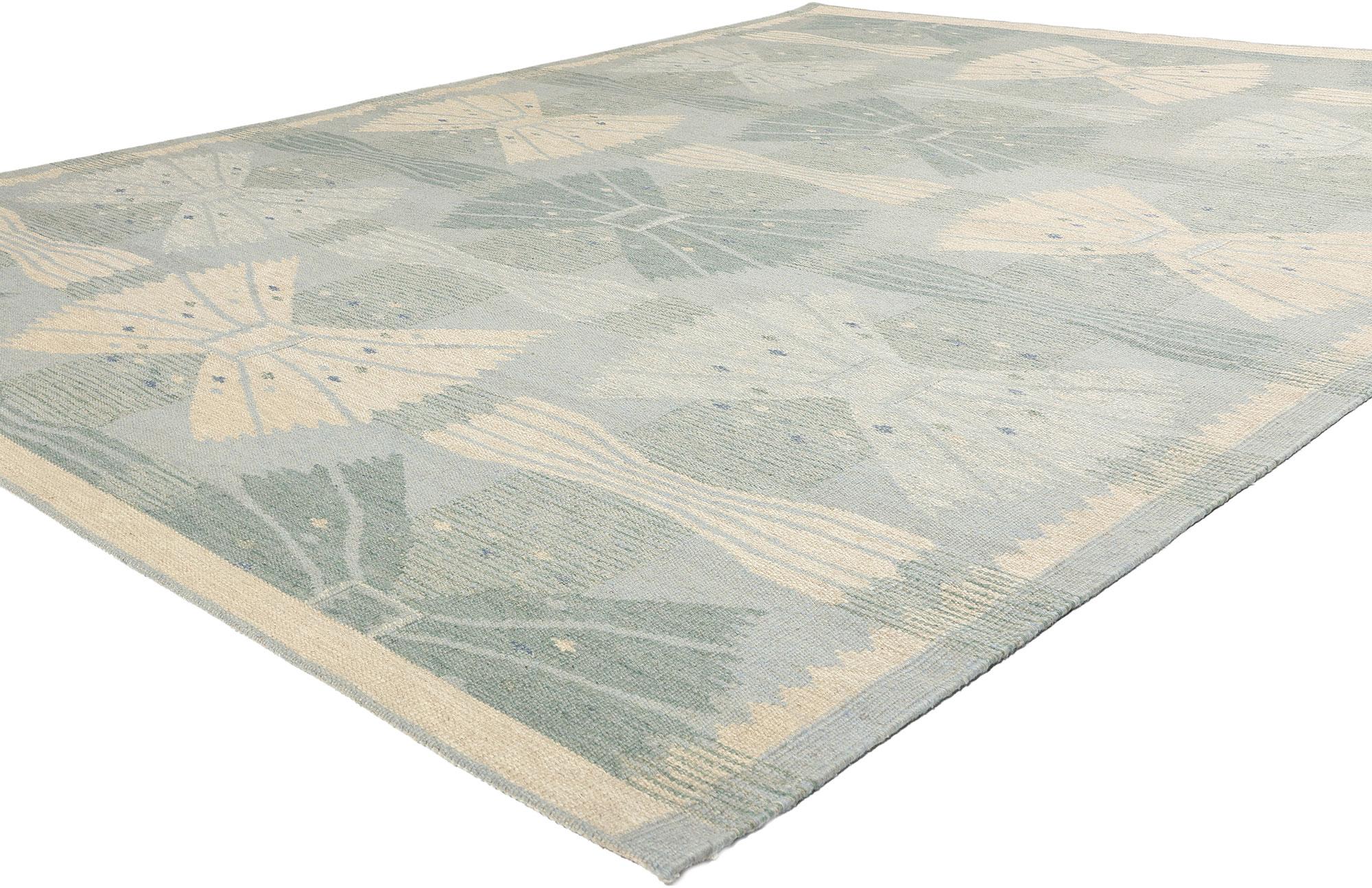 31109 New Scandinavian Modern Swedish Inspired Kilim Rug, 09'05 x 11'10. This elegant handwoven wool Swedish inspired kilim rug, inspired by Scandinavian Modern design and meticulously crafted in India, offers a contemporary interpretation of the