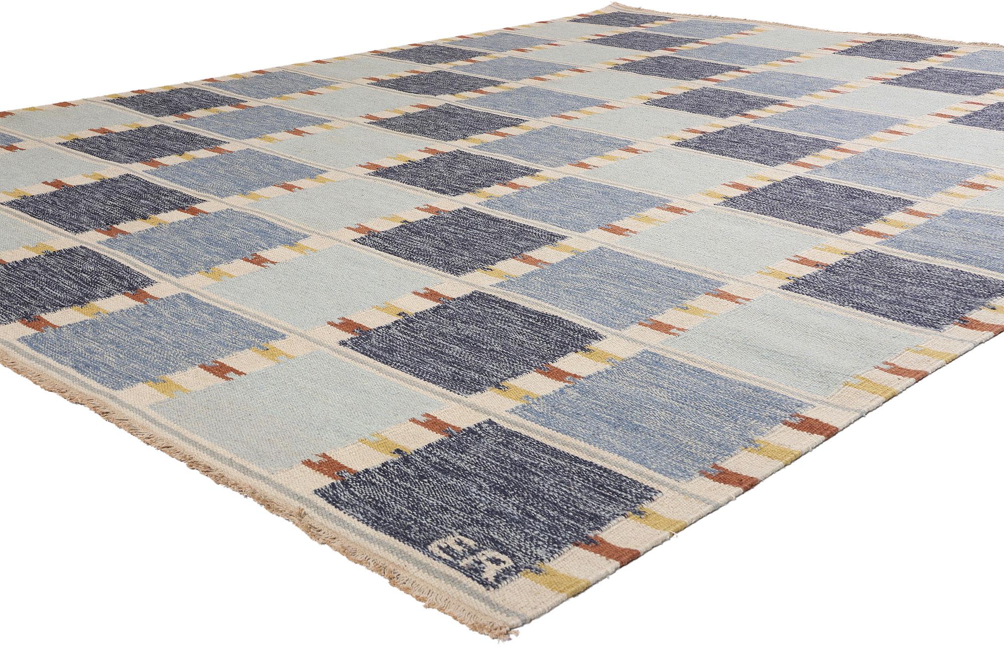 31124 New Scandinavian Modern Scandinavian Inspired Kilim Rug, 09'04 x 11'10. Questo squisito tappeto kilim di ispirazione svedese The Modern Scandinavian è un esempio magistrale di design contemporaneo che affonda le sue radici nell'artigianato
