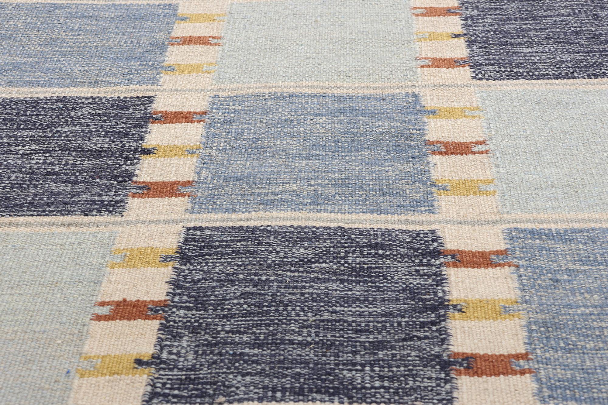 Tessuto a mano New Scandinavian Blue Kilim Röllakan di ispirazione svedese, 09'04 x 11'10 in vendita