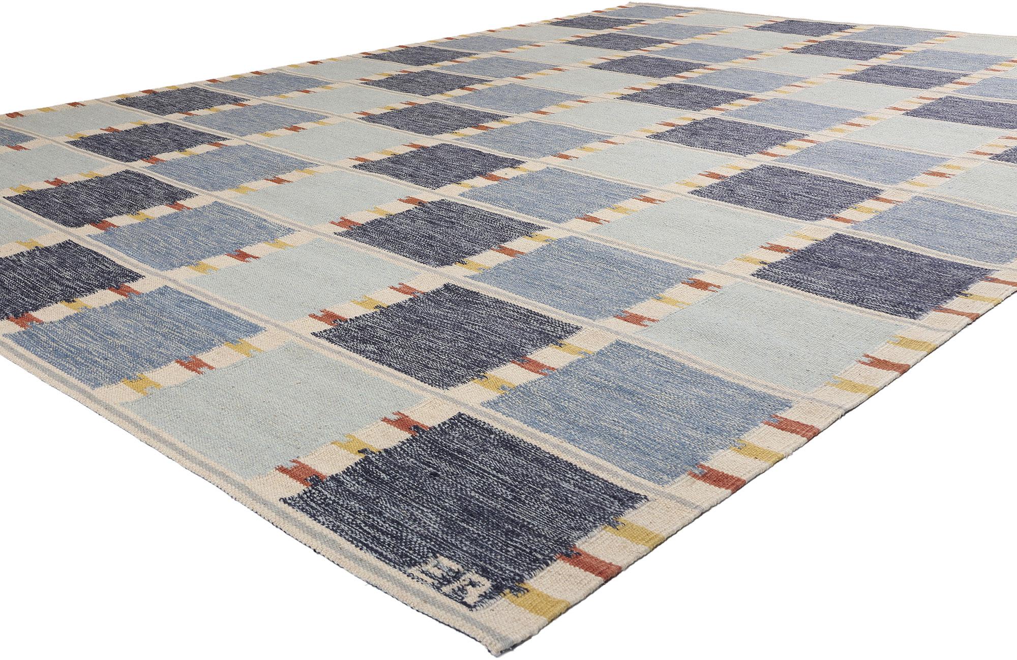31123 New Scandinavian Modern Swedish Inspired Kilim Rug, 10'04 x 13'11. This remarkable Scandinavian Modern Swedish-inspired kilim rug exemplifies the blend of contemporary design with traditional craftsmanship. The flatweave rollakan-style kilim