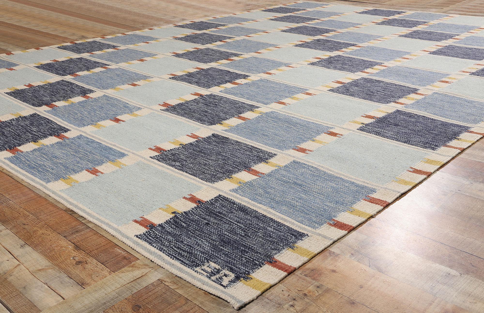 Wool New Scandinavian Blue Swedish Inspired Kilim Röllakan,  10'04 x 13'11 For Sale