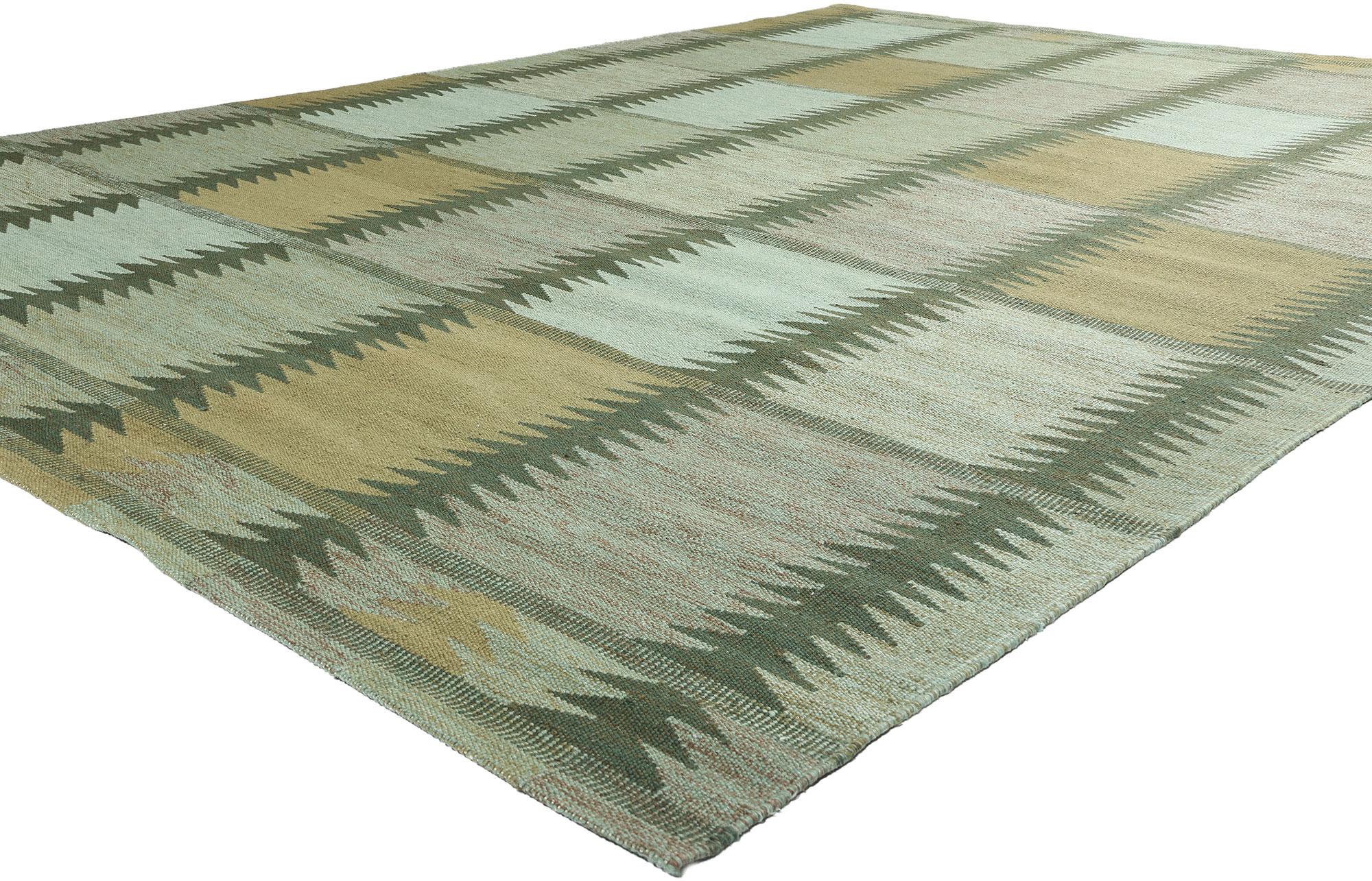 31119 New Scandinavian Modern Greene & Kilim d'ispirazione svedese, 10'02 x 13'10. Questo tappeto kilim d'ispirazione svedese in lana intrecciata a mano, che emana l'eleganza dei toni della terra e lo stile Scandinavian Modern, offre un senso di