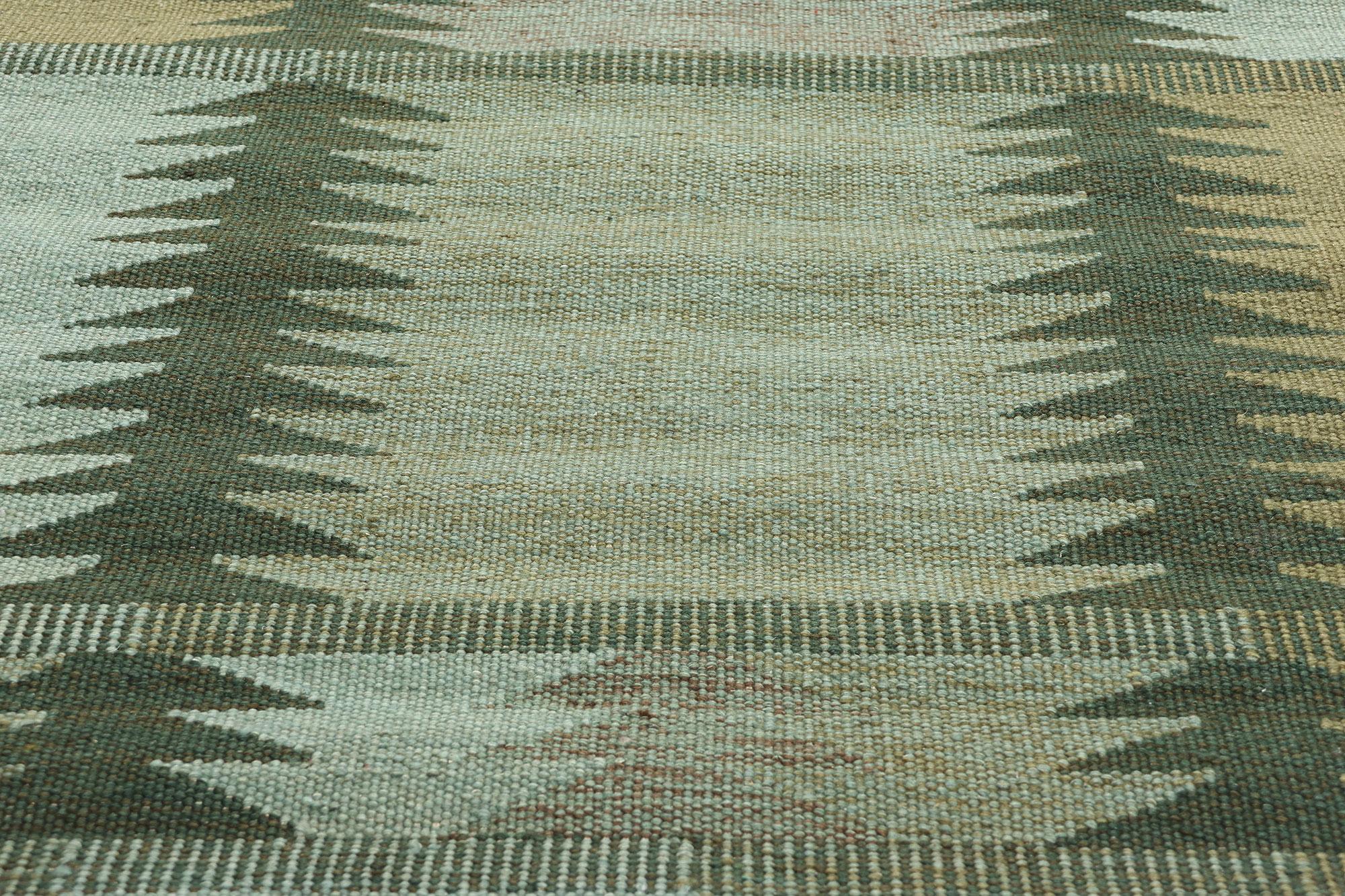 Tessuto a mano New Scandinavian Greene & Greene Kilim Röllakan di ispirazione svedese, 10'02 x 13'10 in vendita
