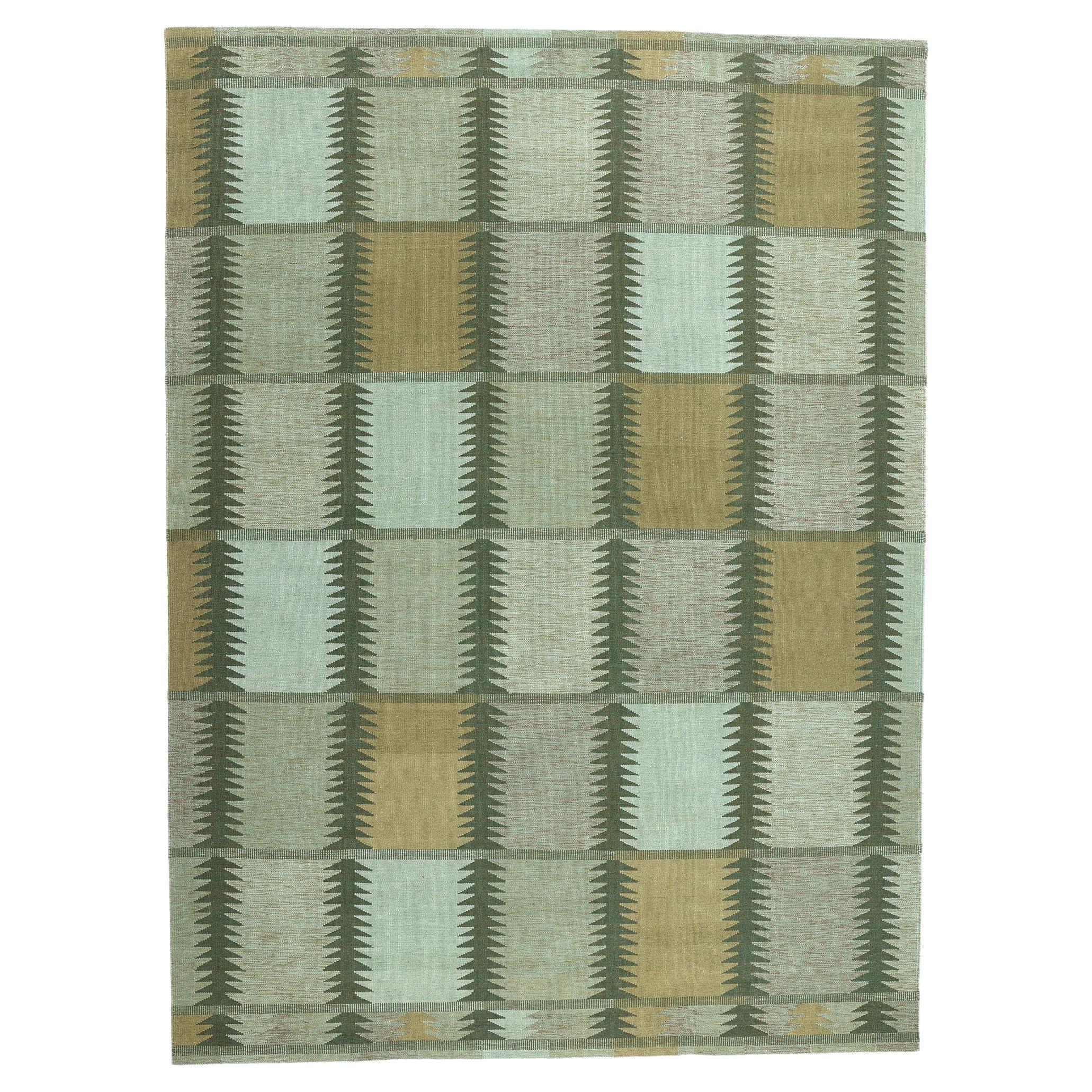 New Scandinavian Green Swedish Inspired Kilim Röllakan, 10'02 x 13'10